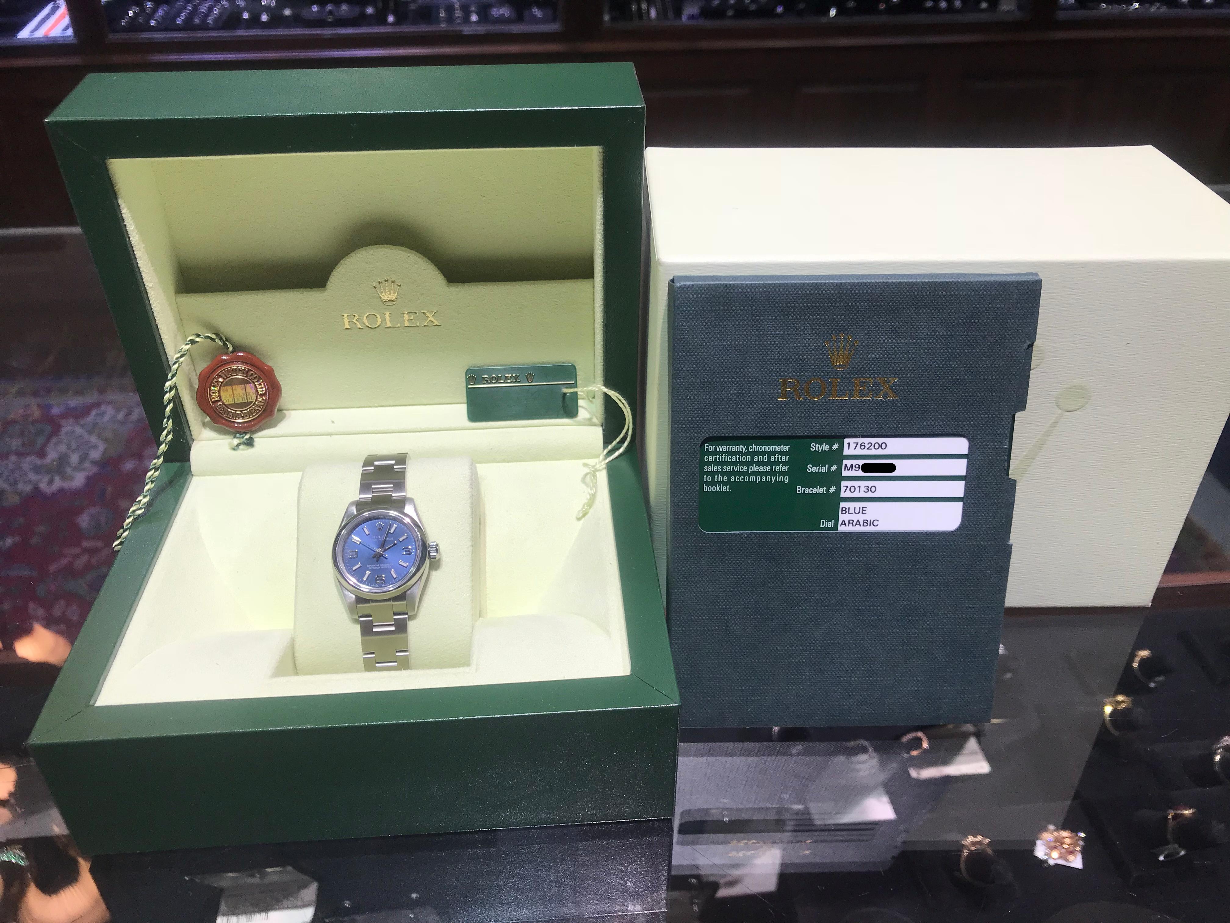 Rolex Oyster Perpetual with Blue Arabic Dial, Original Box & Papers. Circa 2007 In Excellent Condition In New Orleans, LA