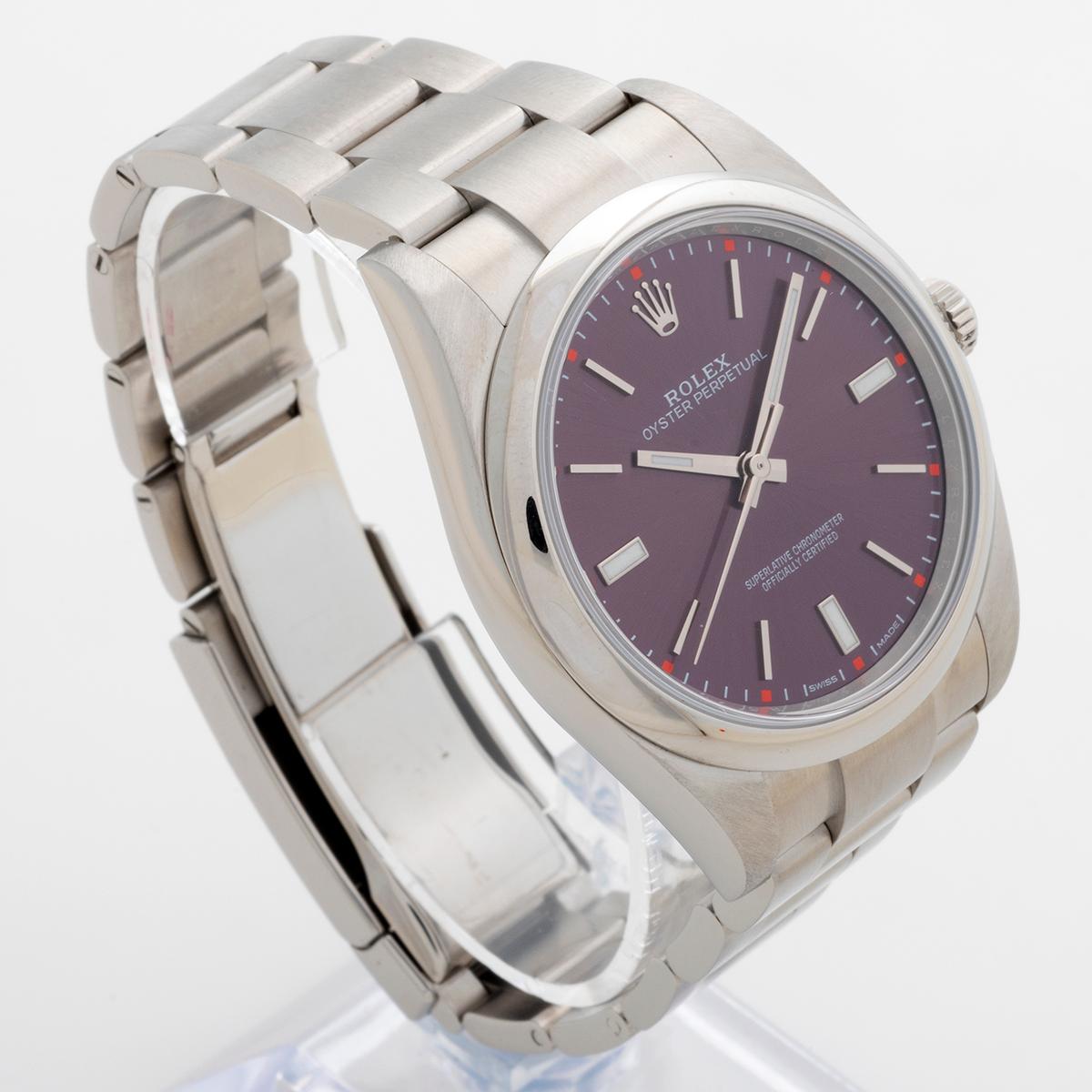This discontinued 39mm Rolex Oyster Perpetual, reference 114300, was launched in 2015 with unusual and attractive new dial variants, the most vibrant and desirable of which is the 