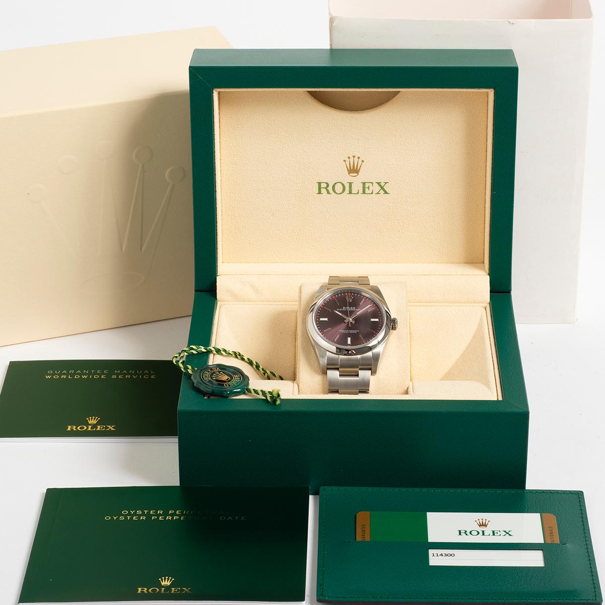 Women's or Men's Rolex Oyster Perpetual Wristwatch Ref 114300, 'Red Grape' Dial, Discontinued.... For Sale
