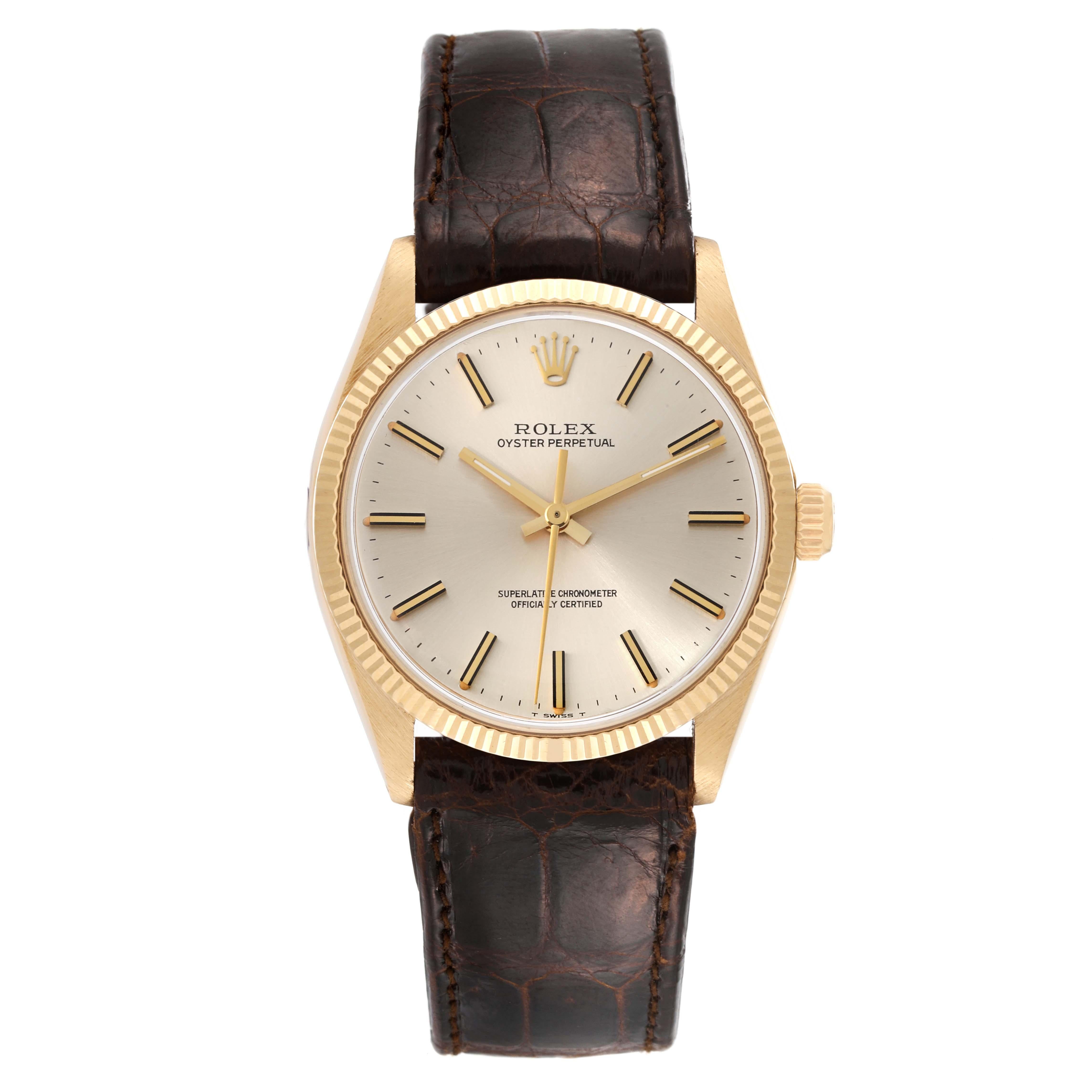 Rolex Oyster Perpetual Yellow Gold Vintage Mens Watch 1005 Box Papers. Officially certified chronometer automatic self-winding movement. 18K yellow gold oyster case 34.0 mm in diameter.  Rolex logo on a crown. 18K yellow gold fluted bezel. Acrylic