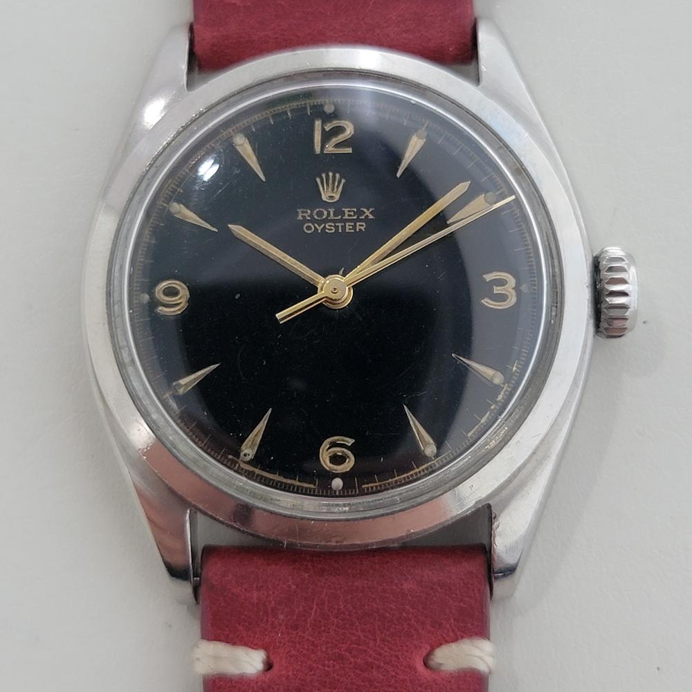 Vintage Klassiker, Rolex ref.6022 Oyster Precision Handaufzug Herrenuhr, ca. 1952, in ausgezeichnetem Zustand. Von einem Uhrmachermeister für echt befunden. Wunderschönes schwarzes Zifferblatt mit Rolex-Signatur, aufgesetzte arabische 3, 6, 9, 12