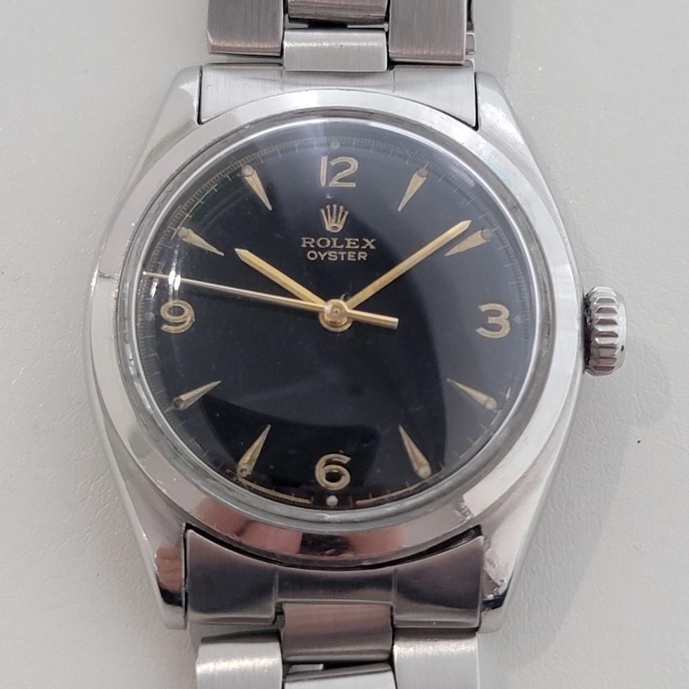 Clásico vintage, reloj de vestir de caballero Rolex ref.6022 Oyster Precision de cuerda manual, c.1952, todo original, en excelente estado de funcionamiento. Verificado auténtico por un maestro relojero. Preciosa esfera negra firmada por Rolex,