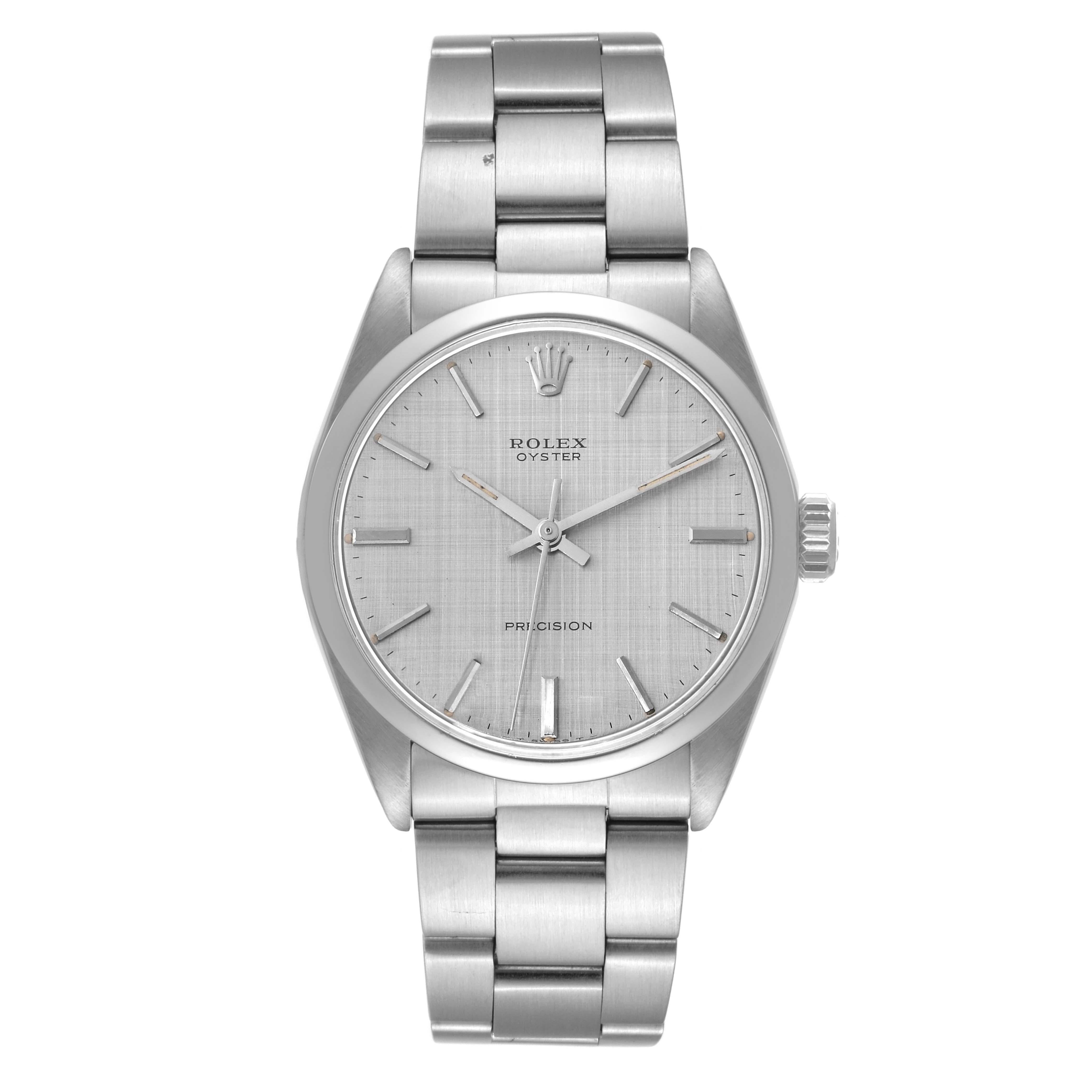 Rolex Oyster Precision Silver Linen Dial Vintage Steel Mens Watch 6426. Manual-winding movement. Stainless steel oyster case 35.0 mm in diameter. Rolex logo on the crown. Stainless steel smooth bezel. Domed acrylic crystal. Silver linen dial with