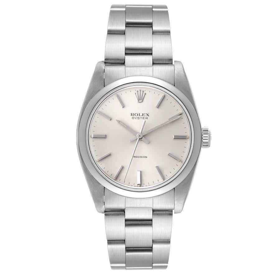 Rolex Oyster Precision Stainless Steel Silver Dial Vintage Mens Watch 6426. Manual-winding movement. Stainless steel oyster case 35.0 mm in diameter. Rolex logo on the crown. Stainless steel smooth bezel. Domed acrylic crystal. Silver dial with