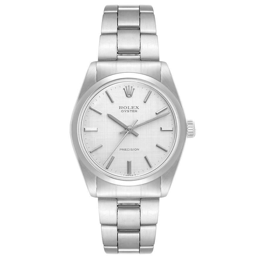 Rolex Oyster Precision Stainless Steel Silver Linen Dial Vintage Mens Watch 6426 Papers. Manual-winding movement. Stainless steel oyster case 35.0 mm in diameter. Rolex logo on the crown. Stainless steel smooth bezel. Domed acrylic crystal. Silver