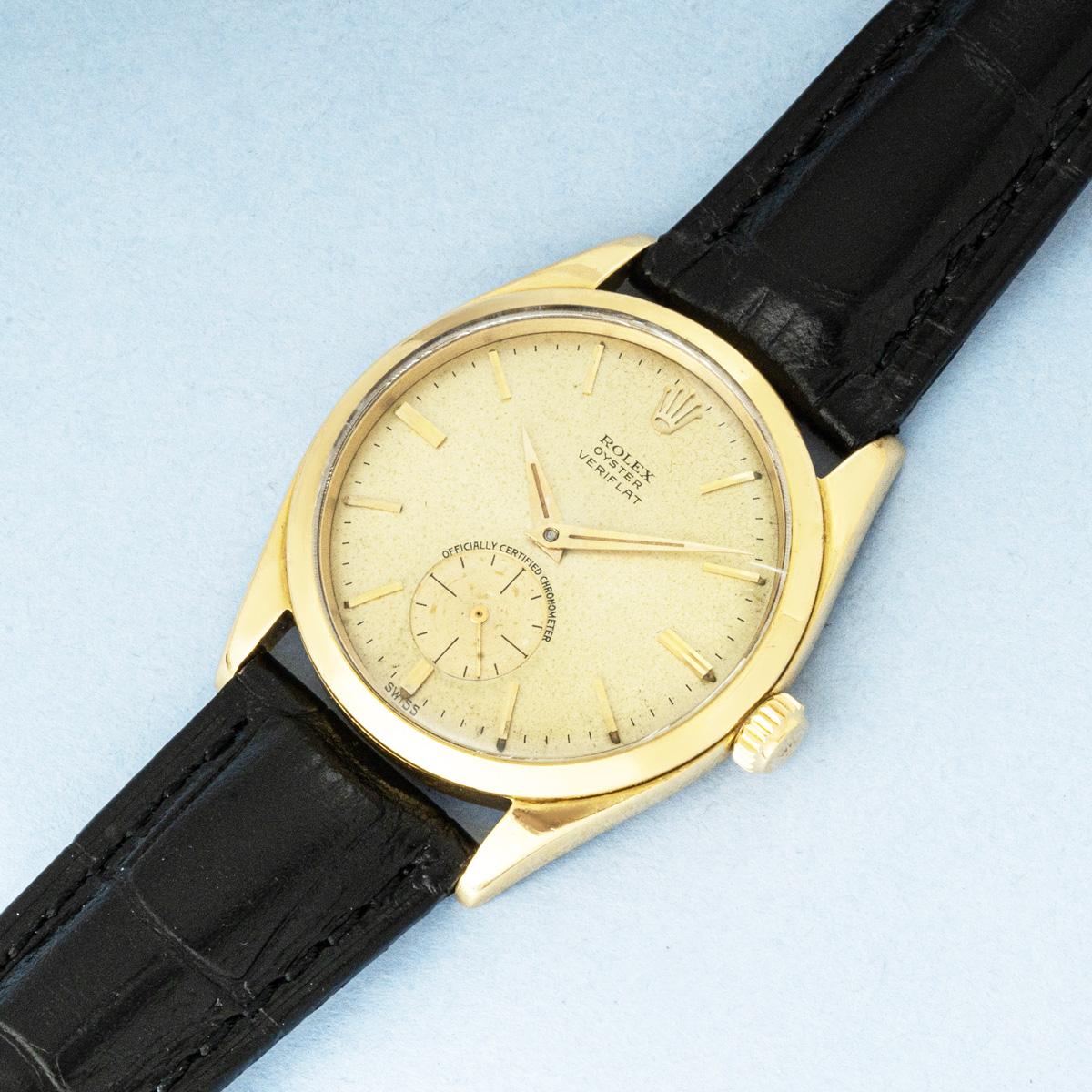 Une montre-bracelet Rolex Oyster Veriflat Precision en or jaune 18 carats, référence 6512.

Fabriquée à la fin des années 1950, l'Oyster Veriflat Precision n'a été produite que pendant une courte période. Avec une épaisseur totale de seulement 9 mm