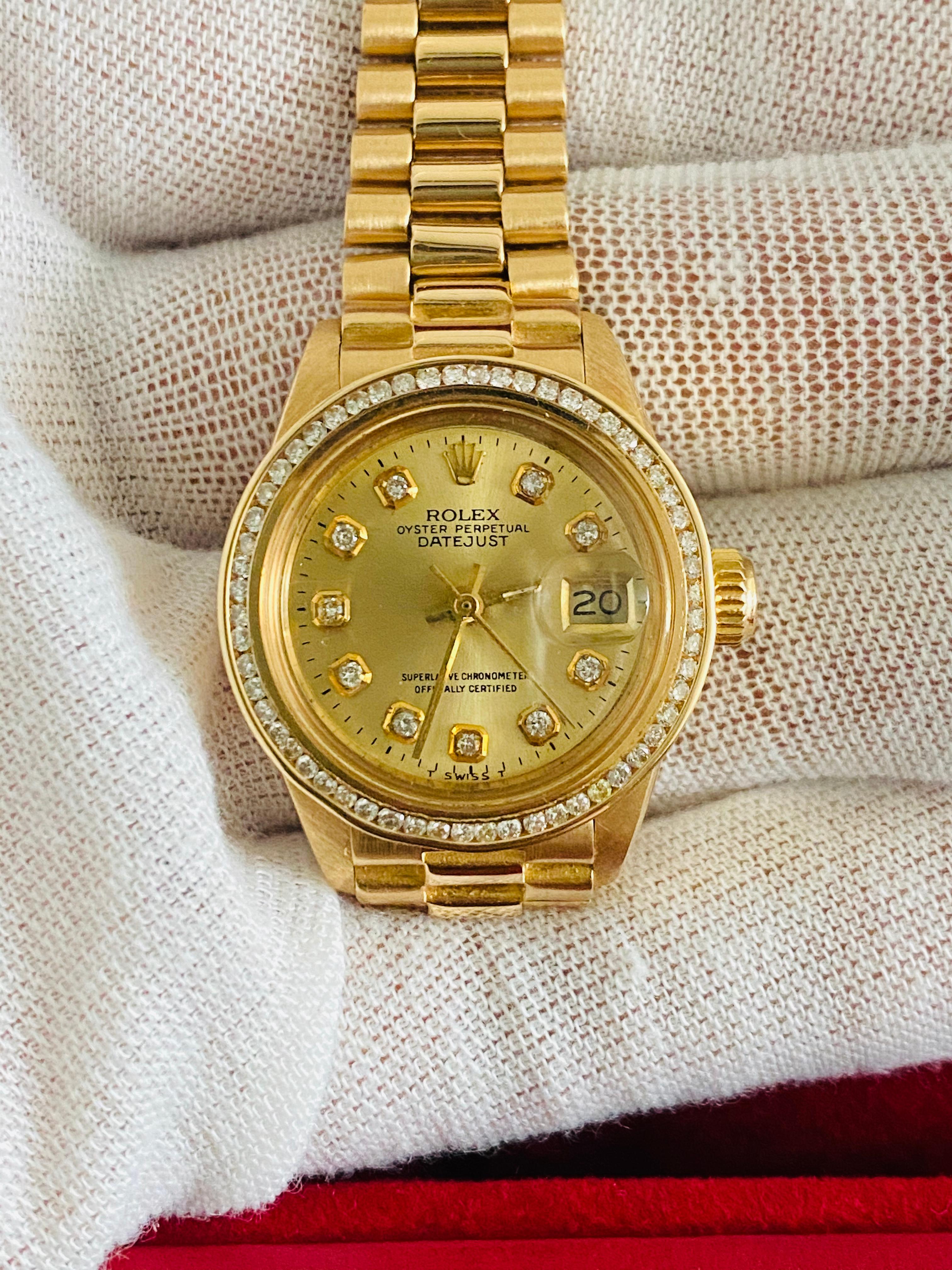 Rolex Oyster Prepetual Datejust Diamond Dial Diamond Bezel Gold Watch In Good Condition For Sale In Miami, FL