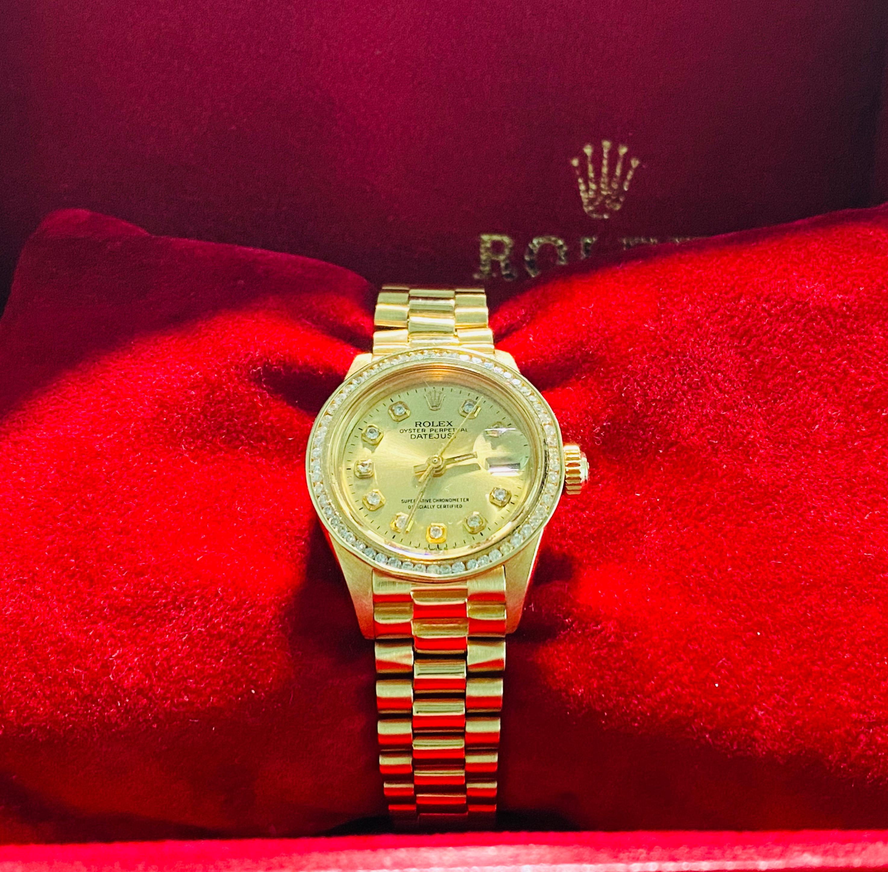 Women's Rolex Oyster Prepetual Datejust Diamond Dial Diamond Bezel Gold Watch For Sale