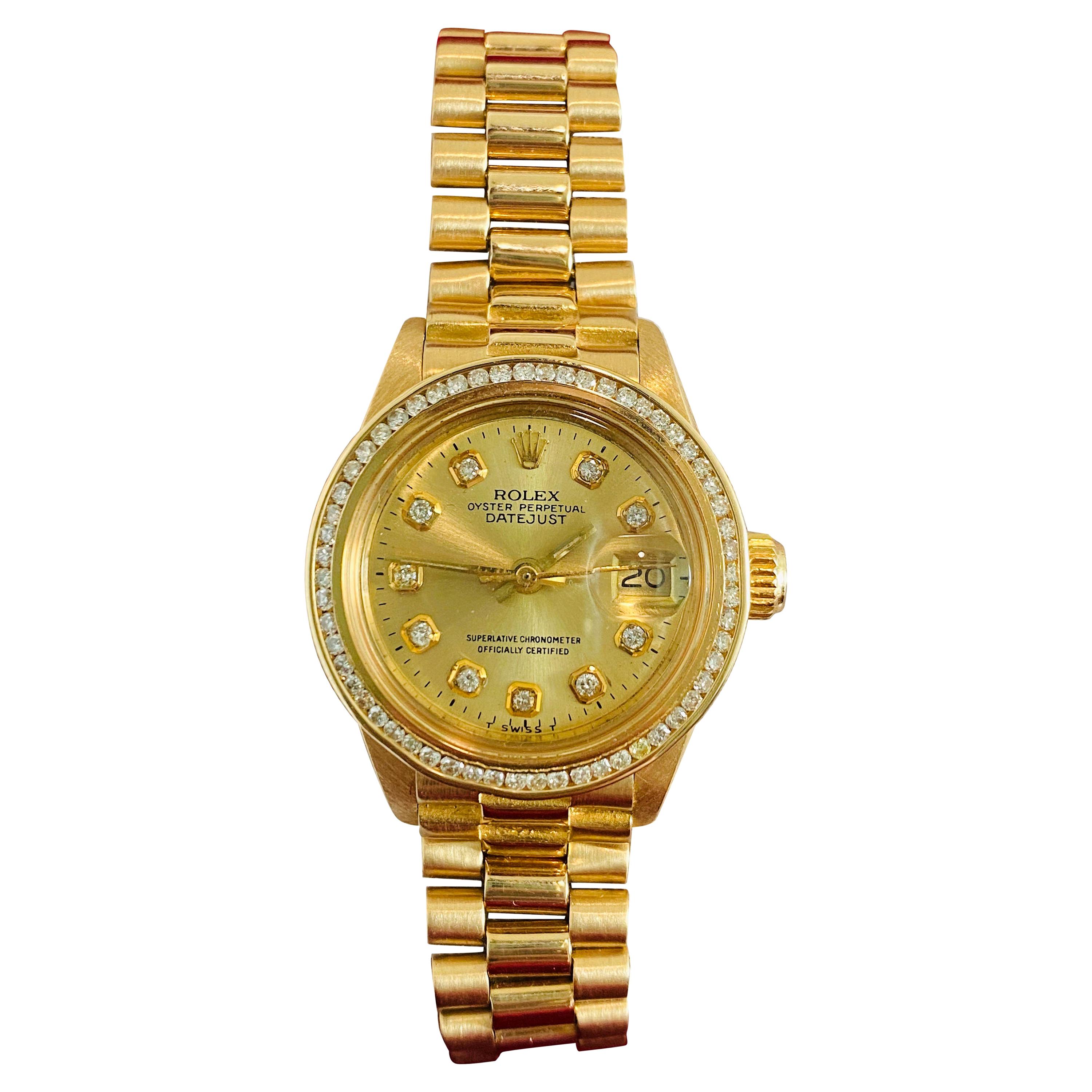 Rolex Oyster Prepetual Datejust Diamond Dial Diamond Bezel Gold Watch For Sale