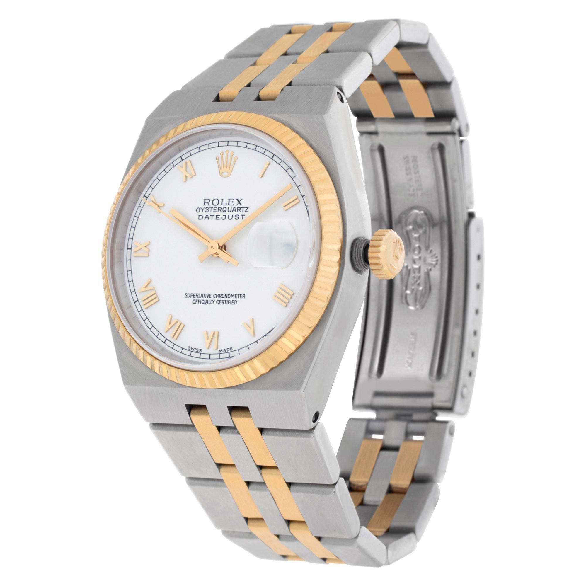 Rolex Oyster Quartz Datejust in 18k & stainless steel. Original finish - never polished - crisp edges. Quartz w/ sweep seconds and date. 36 mm case size. Circa 2002. Complete with box and original Oyster Quartz booklets. Ref 17013a. **Bank Wire