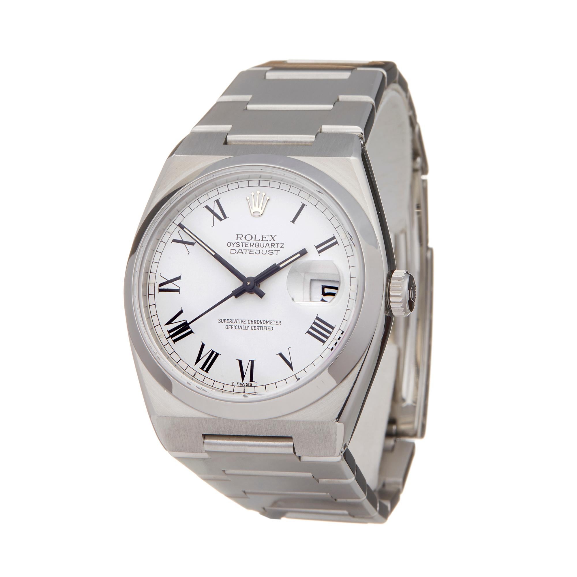 Reference: COM2162
Manufacturer: Rolex
Model: Oyster Quartz
Model Reference: 17000
Age: 17th January 1981
Gender: Men's
Box and Papers: Box Manuals and Guarantee
Dial: White Roman
Glass: Sapphire Crystal
Movement: Quartz
Water Resistance: To