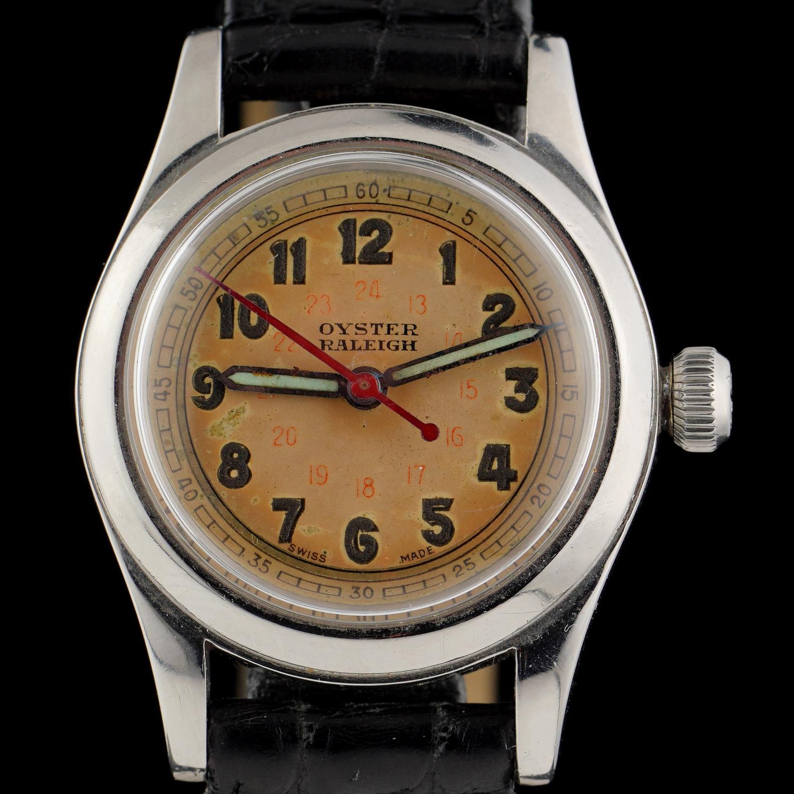 Rolex Oyster Rayleigh WWII Military Wristwatch.
Made in 1940s.

The wristwatch was designed to withstand rigorous conditions with features like screw-down case back and crown, water-resistance up to 30 meters (100ft), and made of durable stainless