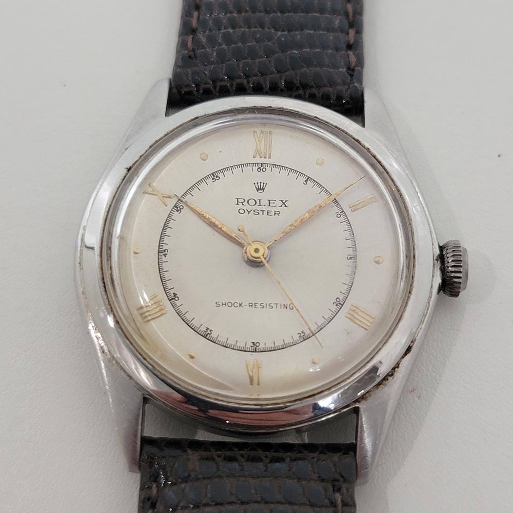 Historische Uhr, Herren Rolex Oyster Ref.4499 mit Handaufzug, ca. 1946, in ausgezeichnetem Zustand. Von einem Uhrmachermeister für echt befunden. Wunderschönes, signiertes Rolex-Zifferblatt im Vintage-Flieger-Stil, römische Ziffern und