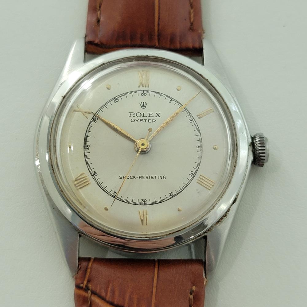 Historical timepiece, Men's Rolex Oyster Ref.4499 manual wind, c.1946, in excellent working condition. Verified authentic by a master watchmaker. Gorgeous Rolex signed vintage flieger style dial, Roman numeral and droplet hour markers, gilt minute