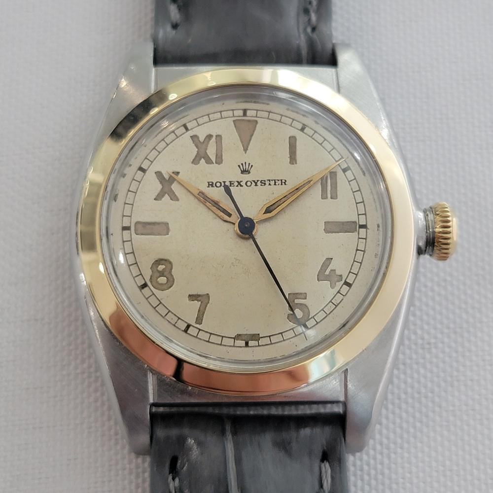 Vintage Classic, 14k Gold und Edelstahl Herren Rolex Oyster Ref.5010 bubbleback automatic, c.1948, in ausgezeichnetem Zustand. Von einem Uhrmachermeister für echt befunden. Wunderschönes, unrestauriertes, signiertes weißes tropisches