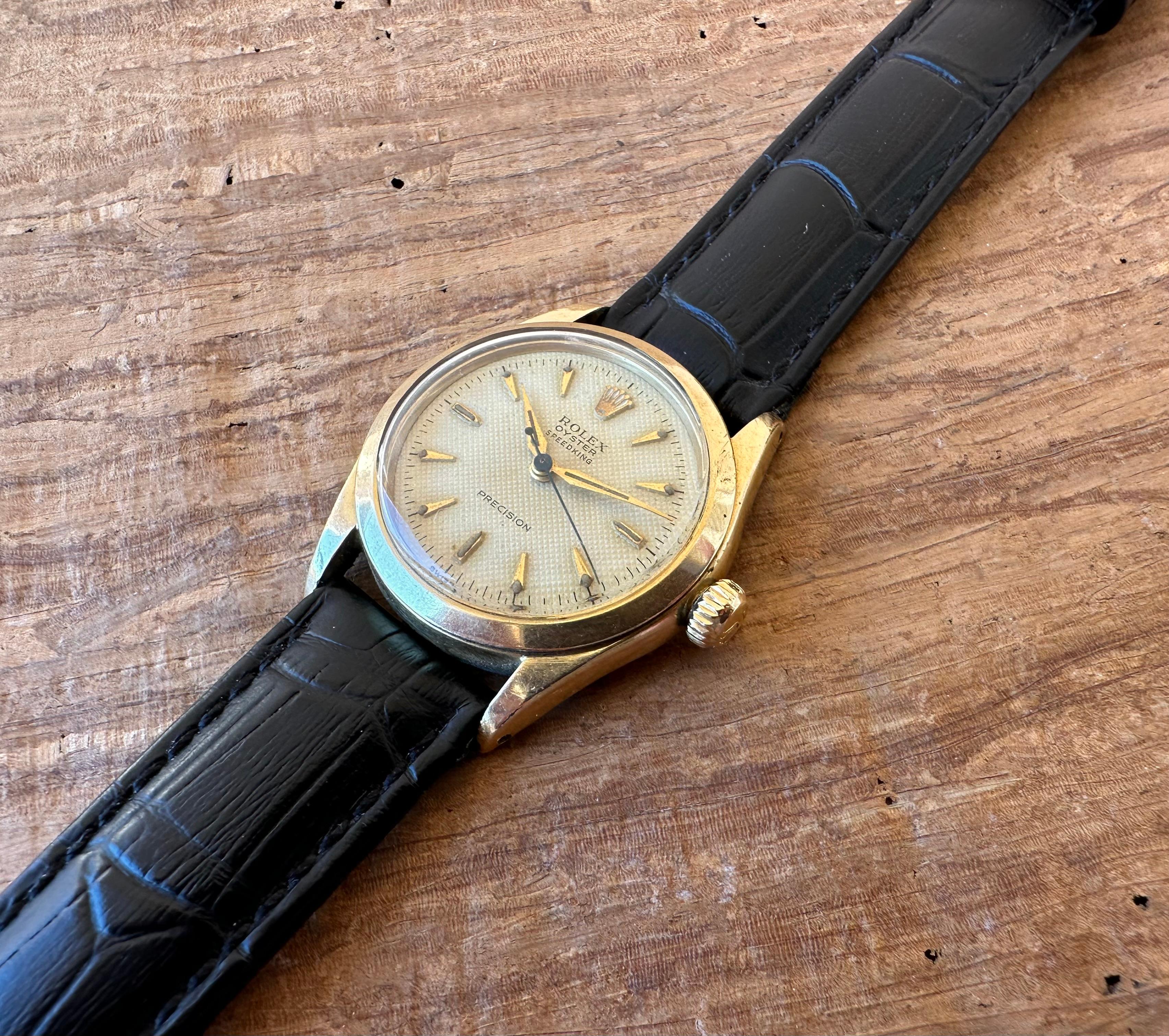 Rolex Oyster Speedking 6418 Waffle Dial Gold Top 31mm Precision 50's Watch In Good Condition In Toronto, CA