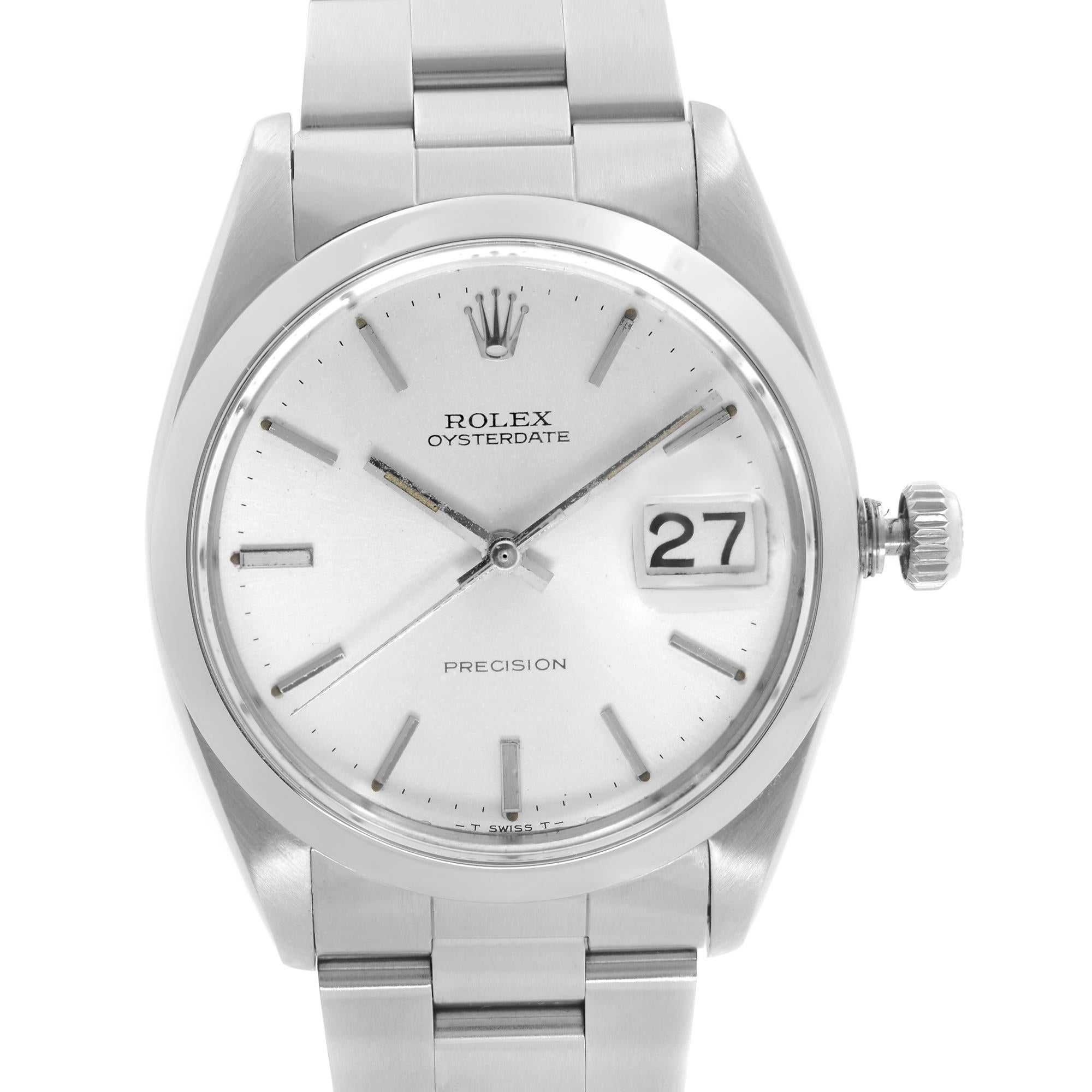 Pre-Owned Rolex Oysterdate Precision 34mm Steel Silver Dial Manual Wind Men's Watch 6694. This Beautiful Timepiece was Produced in 1966 & is Powered by Mechanical (Manual Wind) Movement And Features: Round Stainless Steel Case with a Stainless Steel