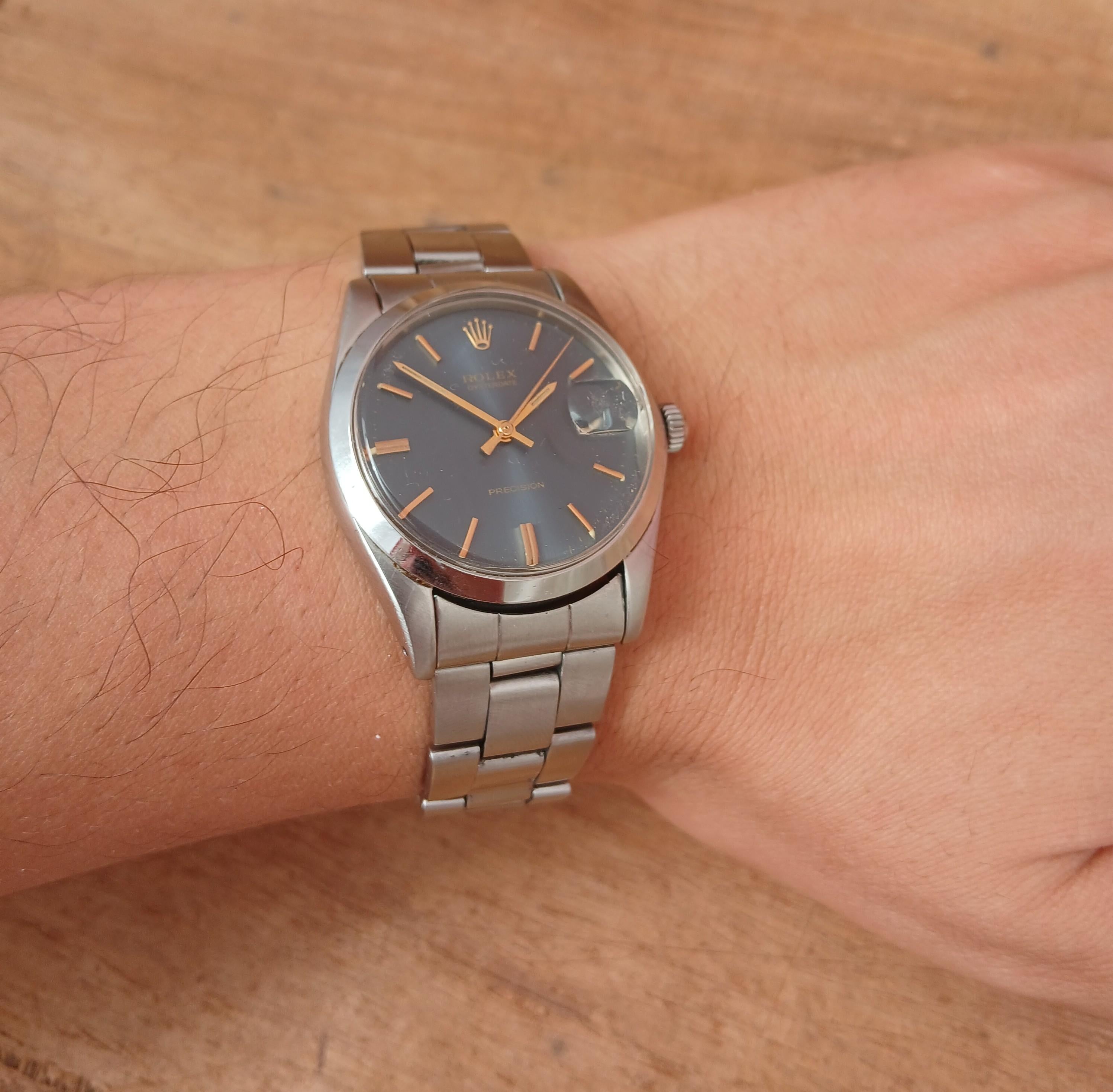 Rolex Oysterdate Precision 6694 Orologio in acciaio inossidabile con quadrante blu raro in vendita 9