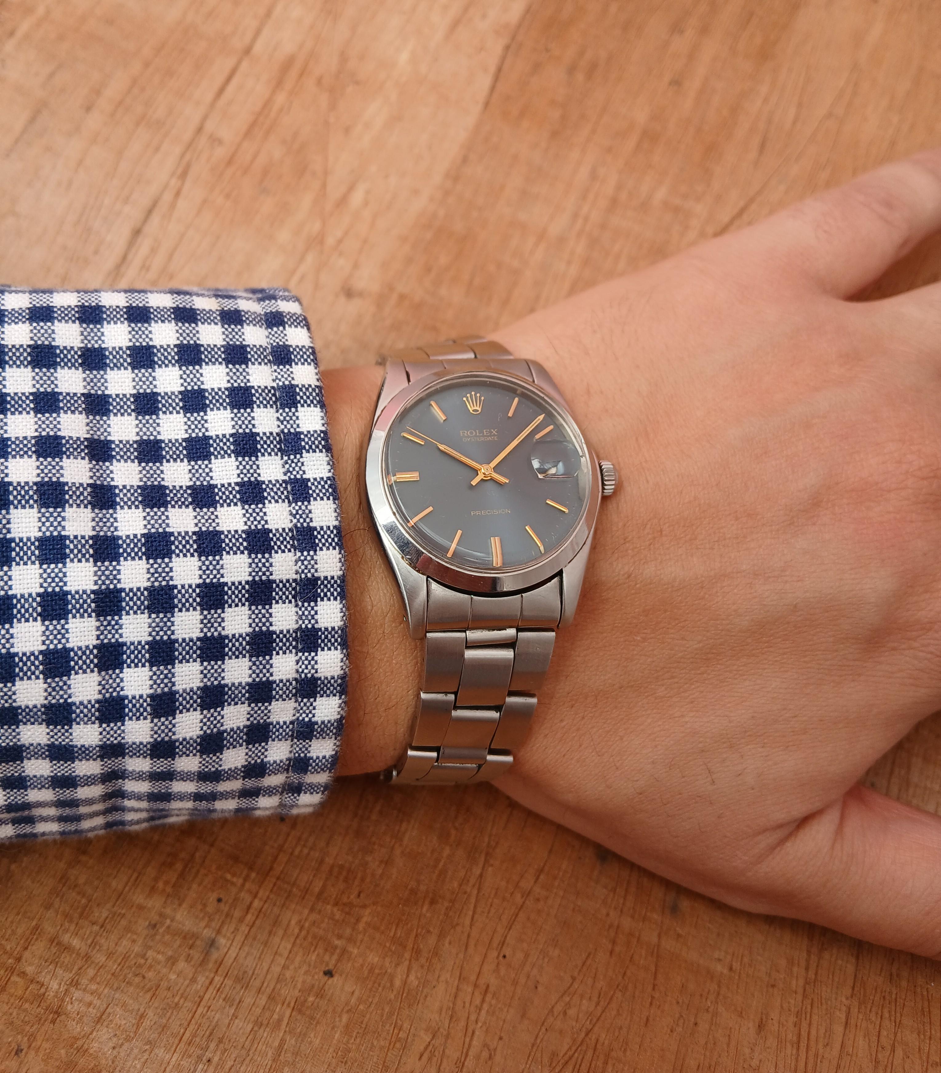 Rolex Oysterdate Precision 6694 Orologio in acciaio inossidabile con quadrante blu raro In condizioni buone in vendita a Toronto, CA