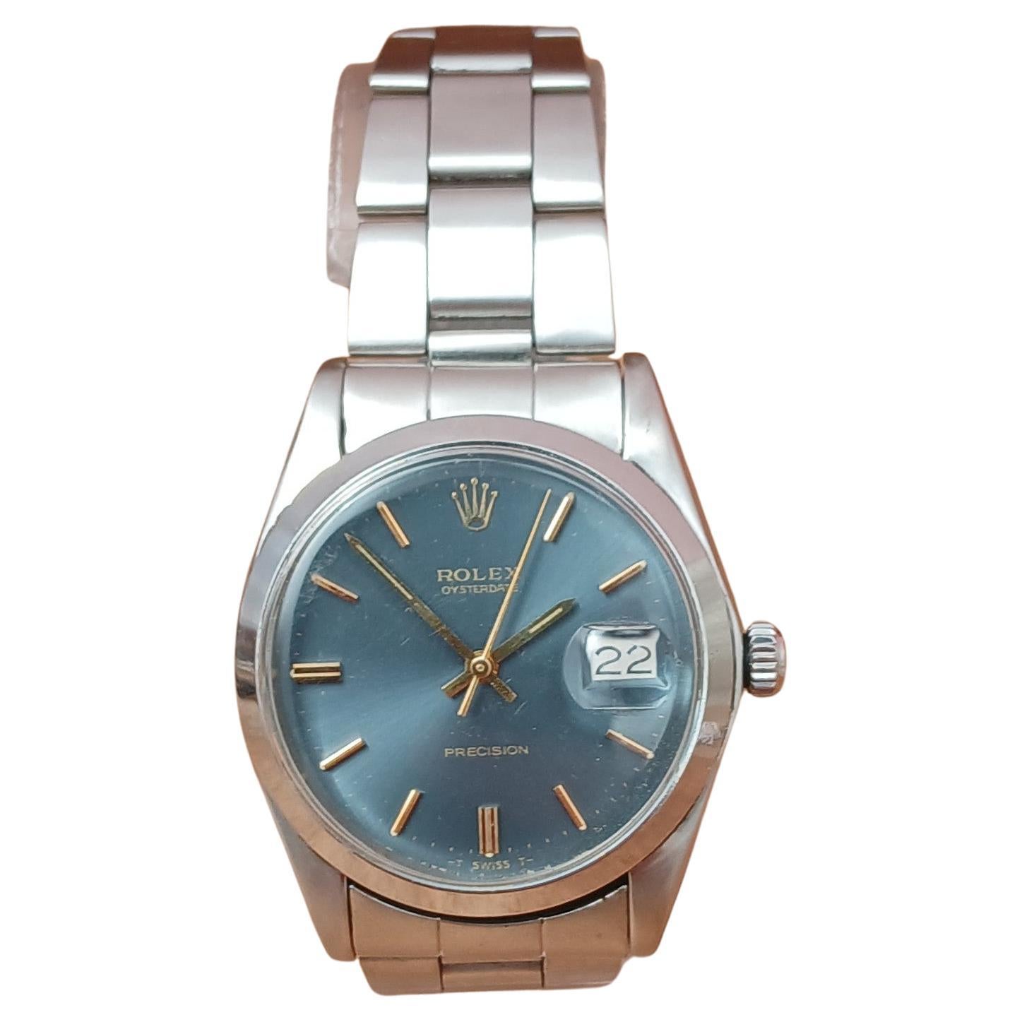 Rolex Oysterdate Precision 6694 Orologio in acciaio inossidabile con quadrante blu raro in vendita
