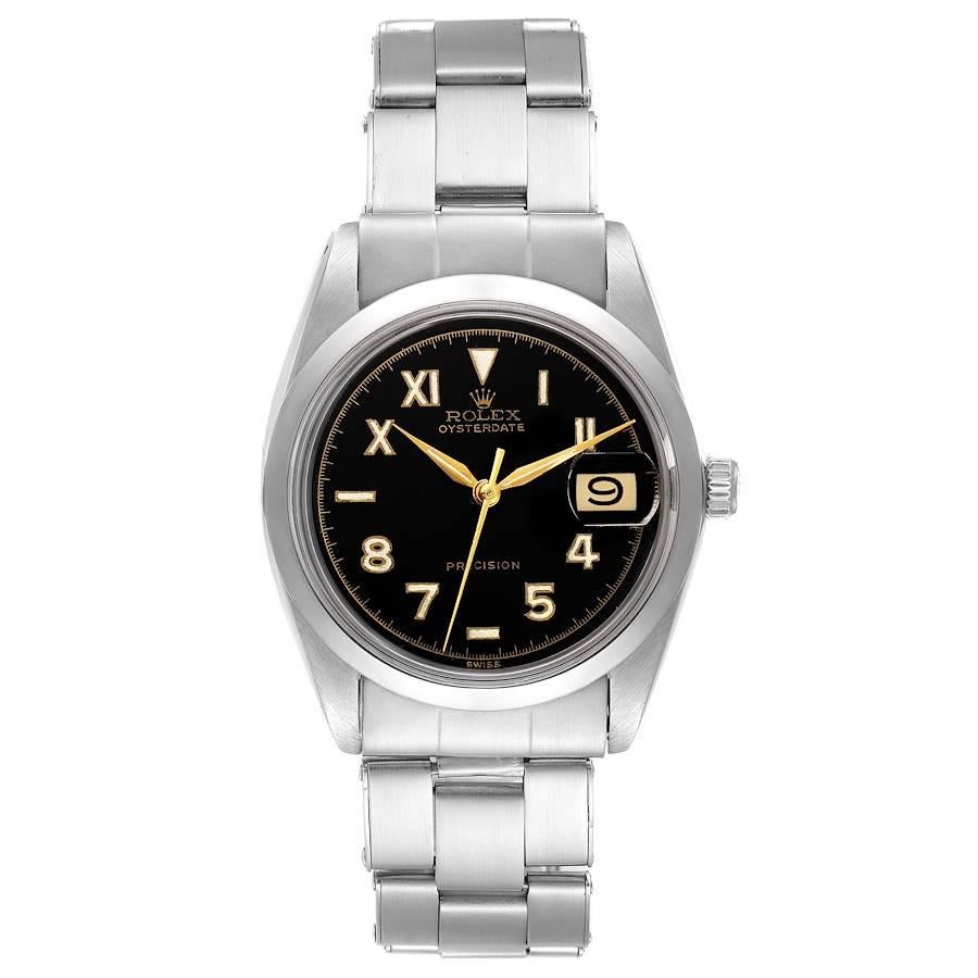 Rolex OysterDate Precision Black Dial Steel Vintage Mens Watch 6694. Manual-winding movement. Stainless steel oyster case 35.0 mm in diameter. Rolex logo on a crown. Stainless steel smooth domed bezel. Acrylic crystal with cyclops magnifier. Black