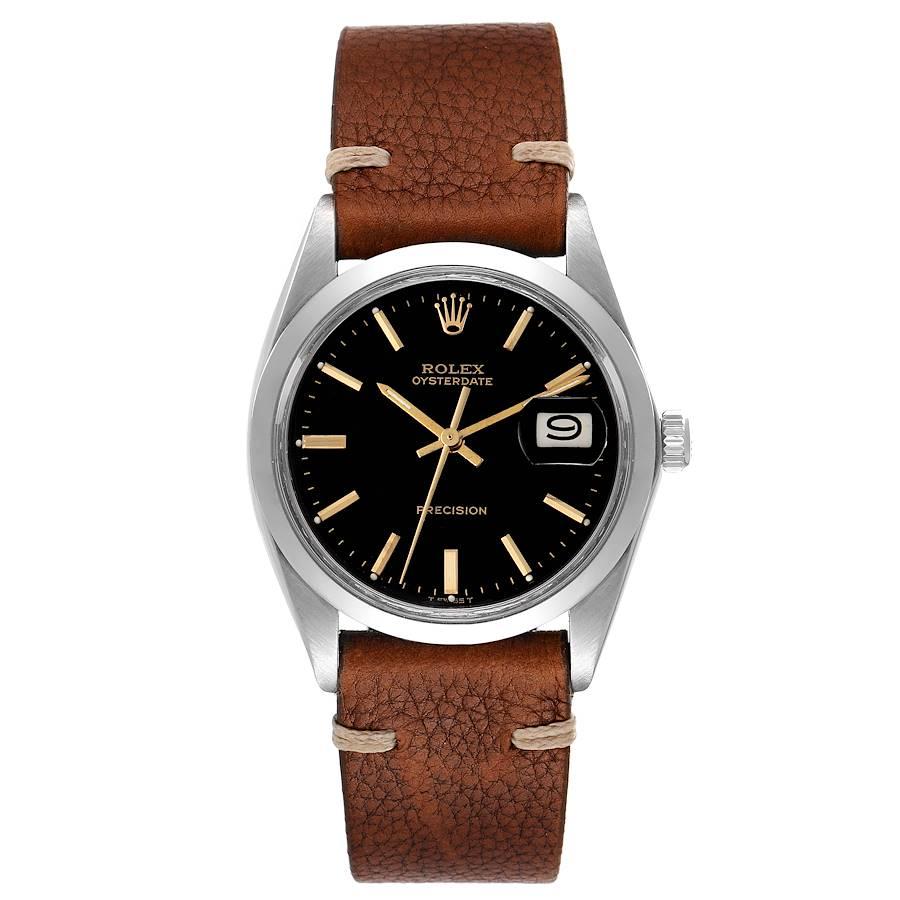 Rolex OysterDate Precision Black Dial Steel Vintage Mens Watch 6694. Manual-winding movement. Stainless steel oyster case 35.0 mm in diameter. Rolex logo on a crown. Stainless steel smooth domed bezel. Acrylic crystal with cyclops magnifier. Black