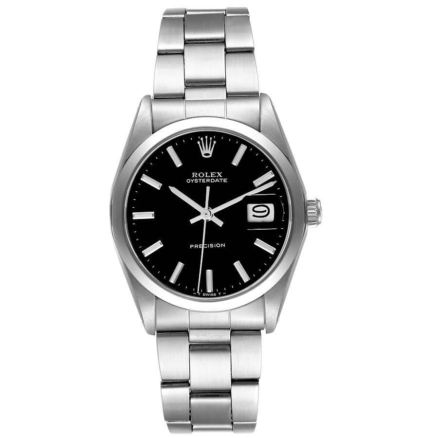 Rolex OysterDate Precision Black Dial Steel Vintage Mens Watch 6694. Manual-winding movement. Stainless steel oyster case 35.0 mm in diameter. Rolex logo on the crown. Stainless steel smooth domed bezel. Acrylic crystal with cyclops magnifier. Black