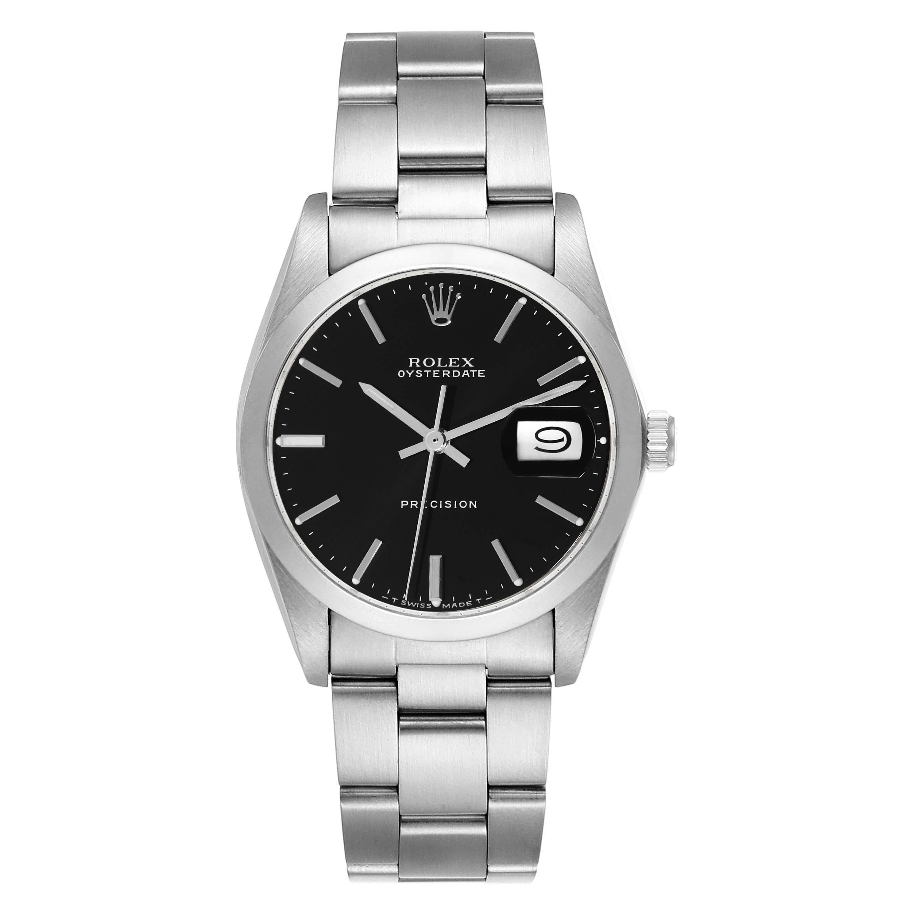 Rolex OysterDate Precision Black Dial Steel Vintage Mens Watch 6694. Manual-winding movement. Stainless steel oyster case 35.0 mm in diameter. Rolex logo on the crown. Stainless steel smooth bezel. Acrylic crystal with cyclops magnifier. Black dial
