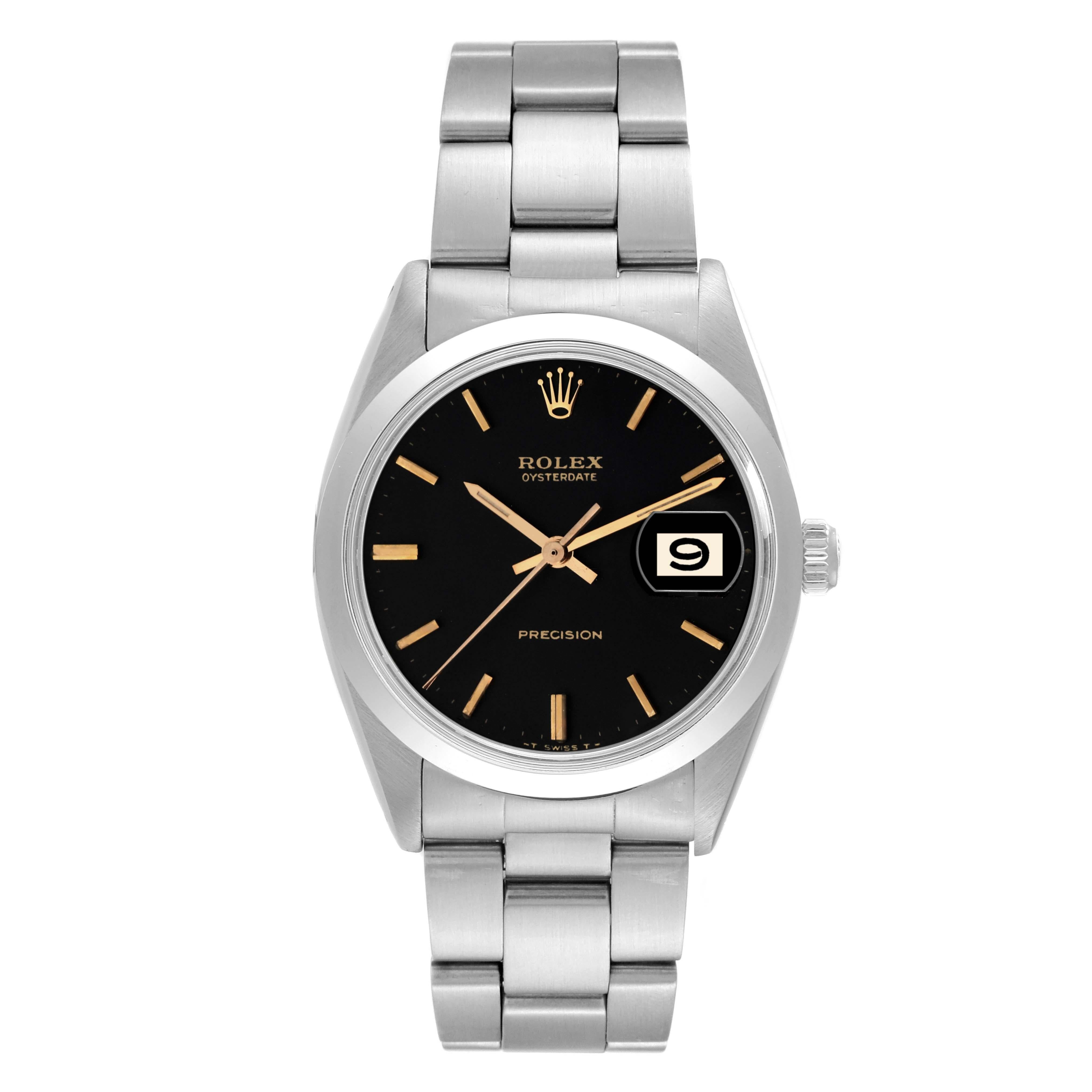 Rolex OysterDate Precision Black Dial Steel Vintage Mens Watch 6694. Manual-winding movement. Stainless steel oyster case 35.0 mm in diameter. Rolex logo on a crown. Stainless steel smooth domed bezel. Acrylic crystal with cyclops magnifier. Black