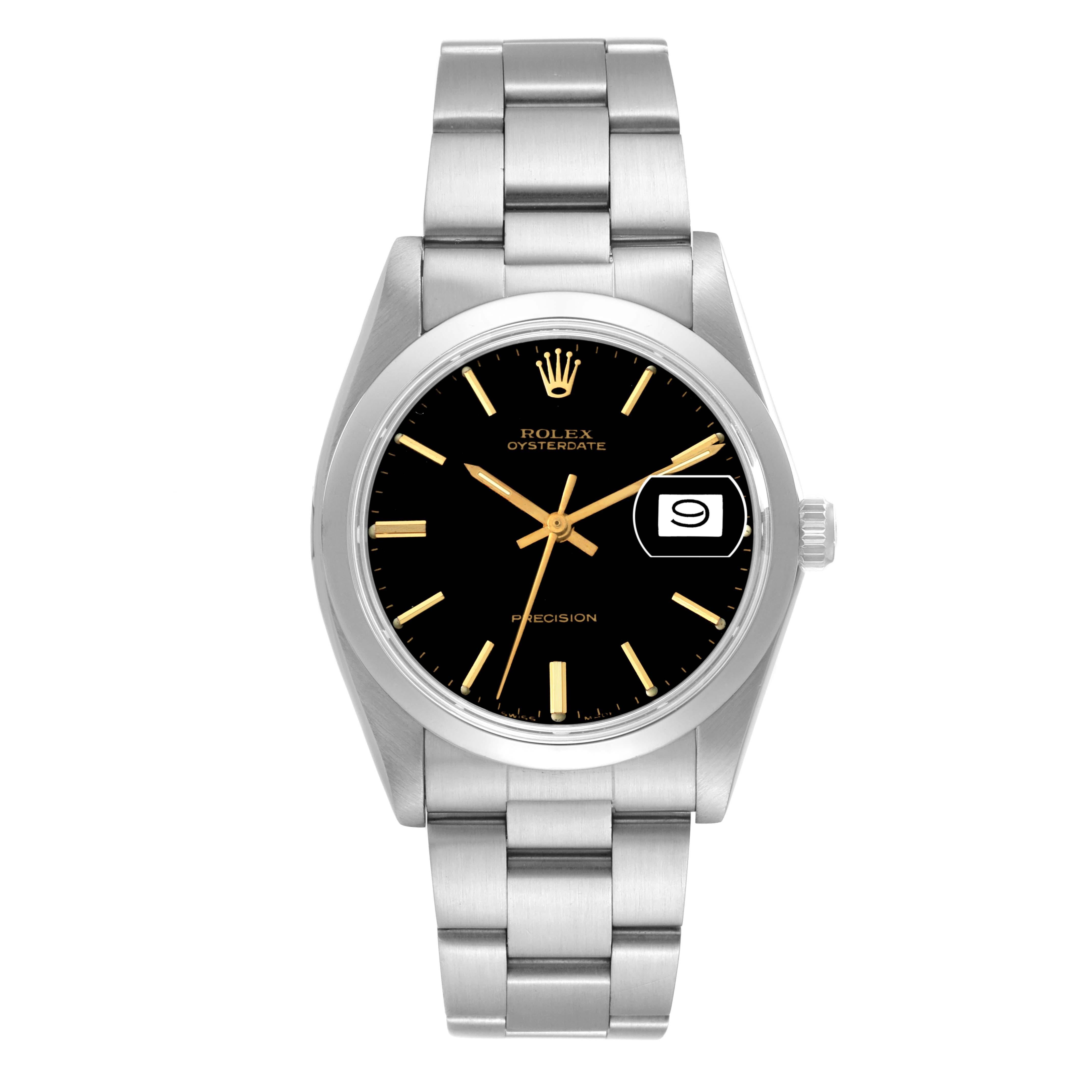 Rolex OysterDate Precision Black Dial Steel Vintage Mens Watch 6694. Manual-winding movement. Stainless steel oyster case 35.0 mm in diameter. Rolex logo on a crown. Stainless steel smooth domed bezel. Acrylic crystal with cyclops magnifier. Black