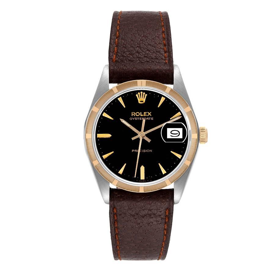 Rolex OysterDate Precision Black Dial Vintage Steel Mens Watch 6694. Manual-winding movement. Stainless steel oyster case 35.0 mm in diameter. Rolex logo on the crown. Yellow gold engine turned bezel. Acrylic crystal with cyclops magnifier. Black