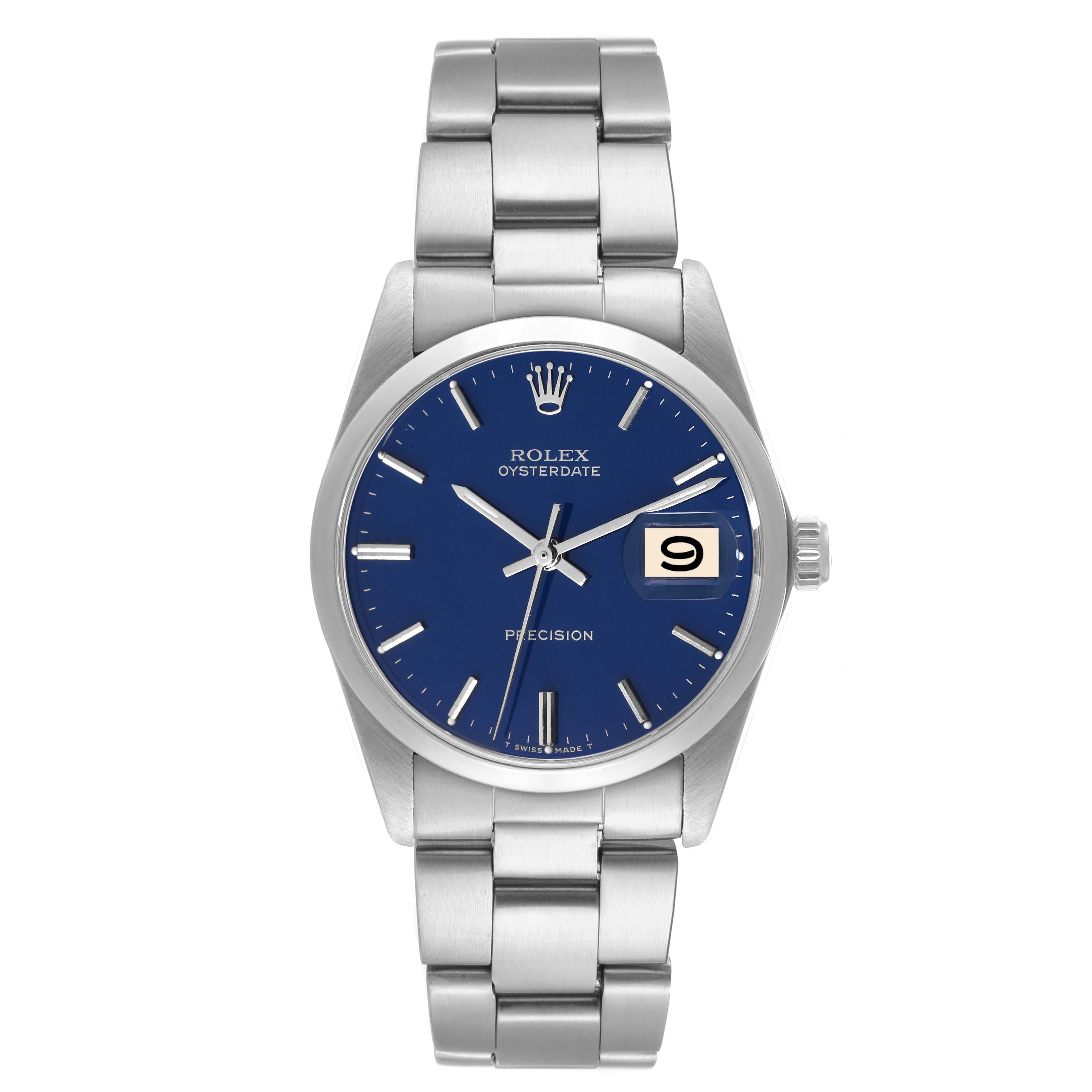 Rolex OysterDate Precision Blue Dial Steel Vintage Mens Watch 6694. Manual-winding movement. Stainless steel oyster case 35.0 mm in diameter. Rolex logo on the crown. Stainless steel smooth bezel. Acrylic crystal with cyclops magnifier. Blue dial