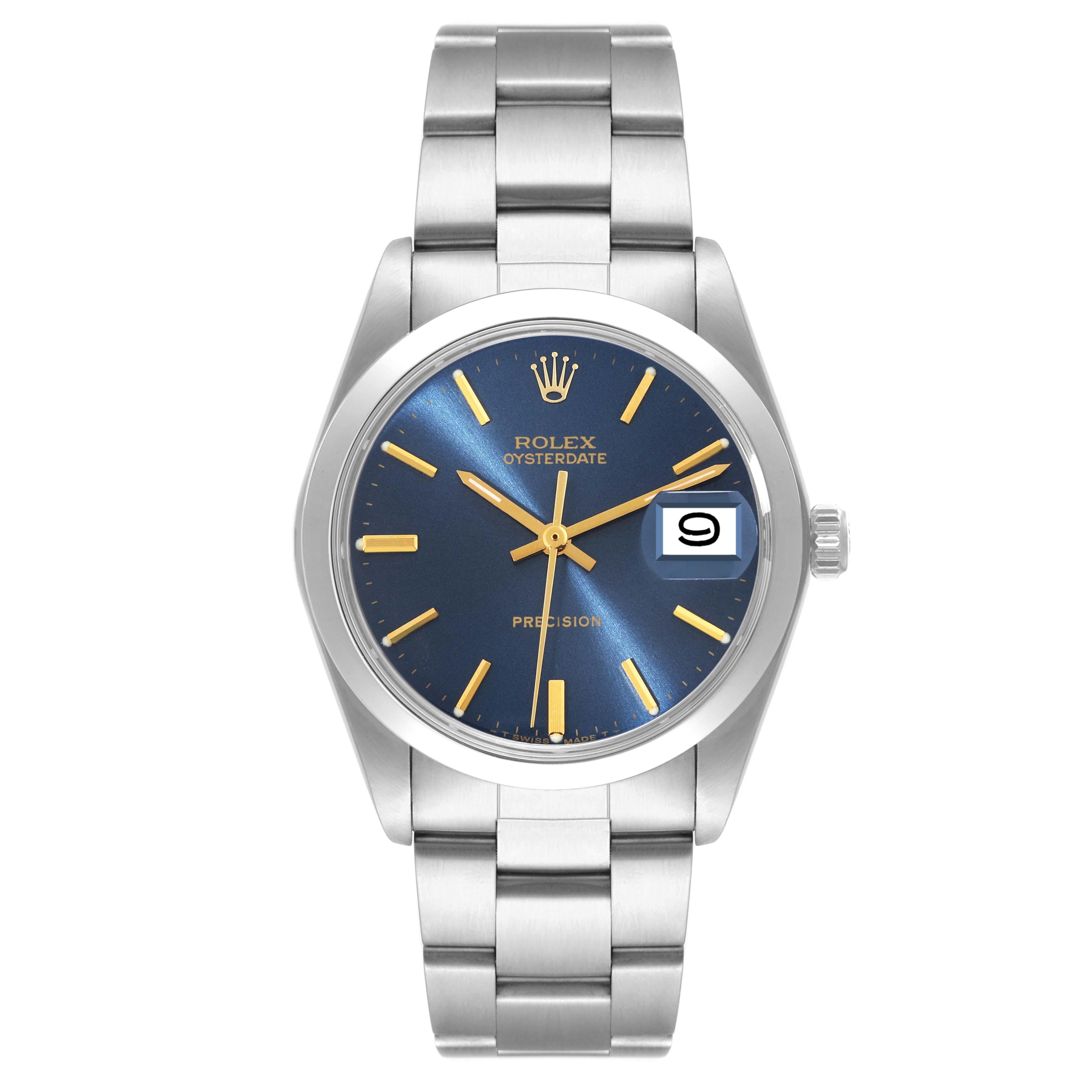 Rolex OysterDate Precision Blue Dial Vintage Steel Mens Watch 6694. Manual-winding movement. Stainless steel oyster case 35.0 mm in diameter. Rolex logo on a crown. Stainless steel smooth domed bezel. Acrylic crystal with cyclops magnifier. Blue