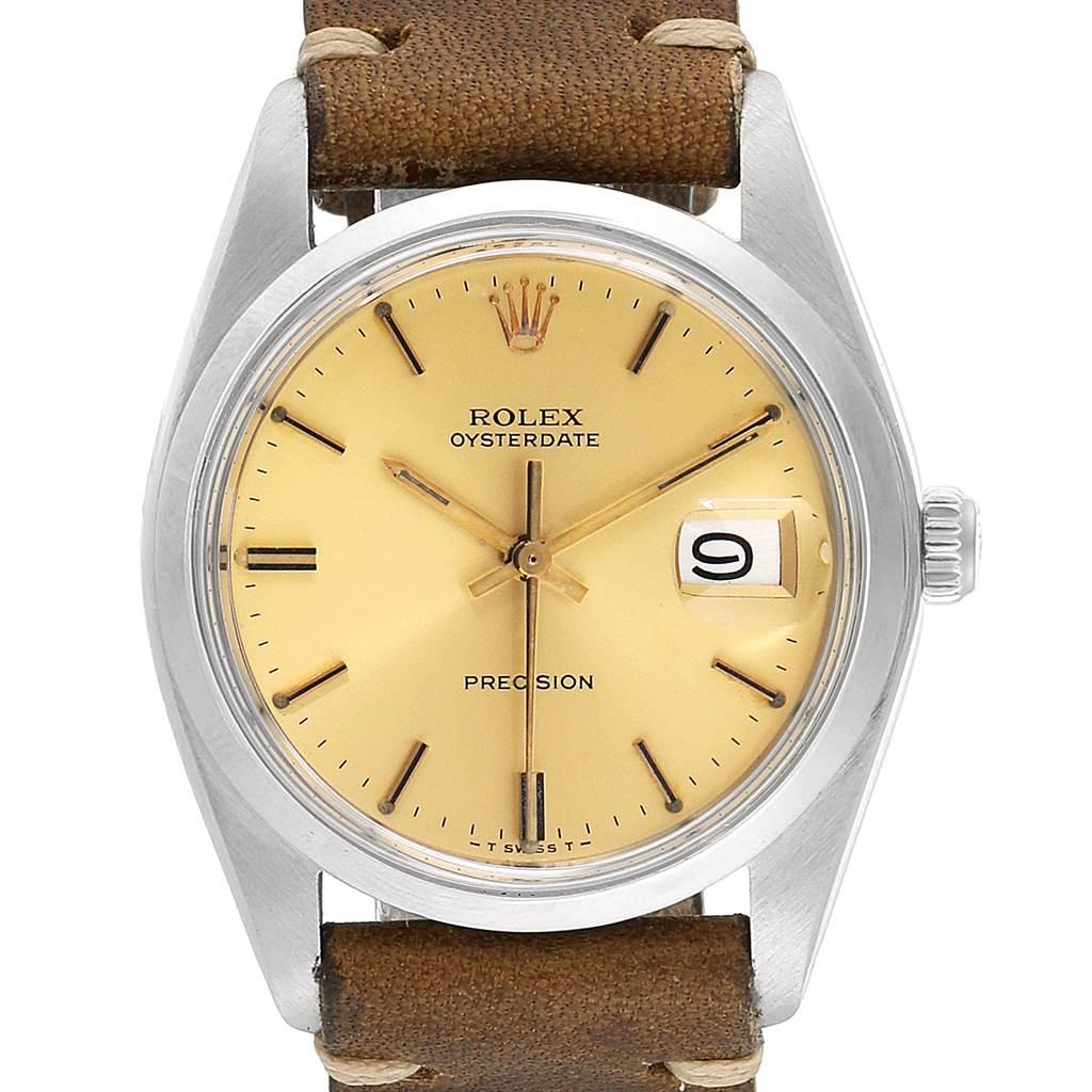 Rolex OysterDate Precision Brown Strap Steel Vintage Mens Watch 6694. Manual-winding movement. Stainless steel oyster case 35.0 mm in diameter. Rolex logo on a crown. Stainless steel smooth domed bezel. Acrylic crystal with cyclops magnifier.