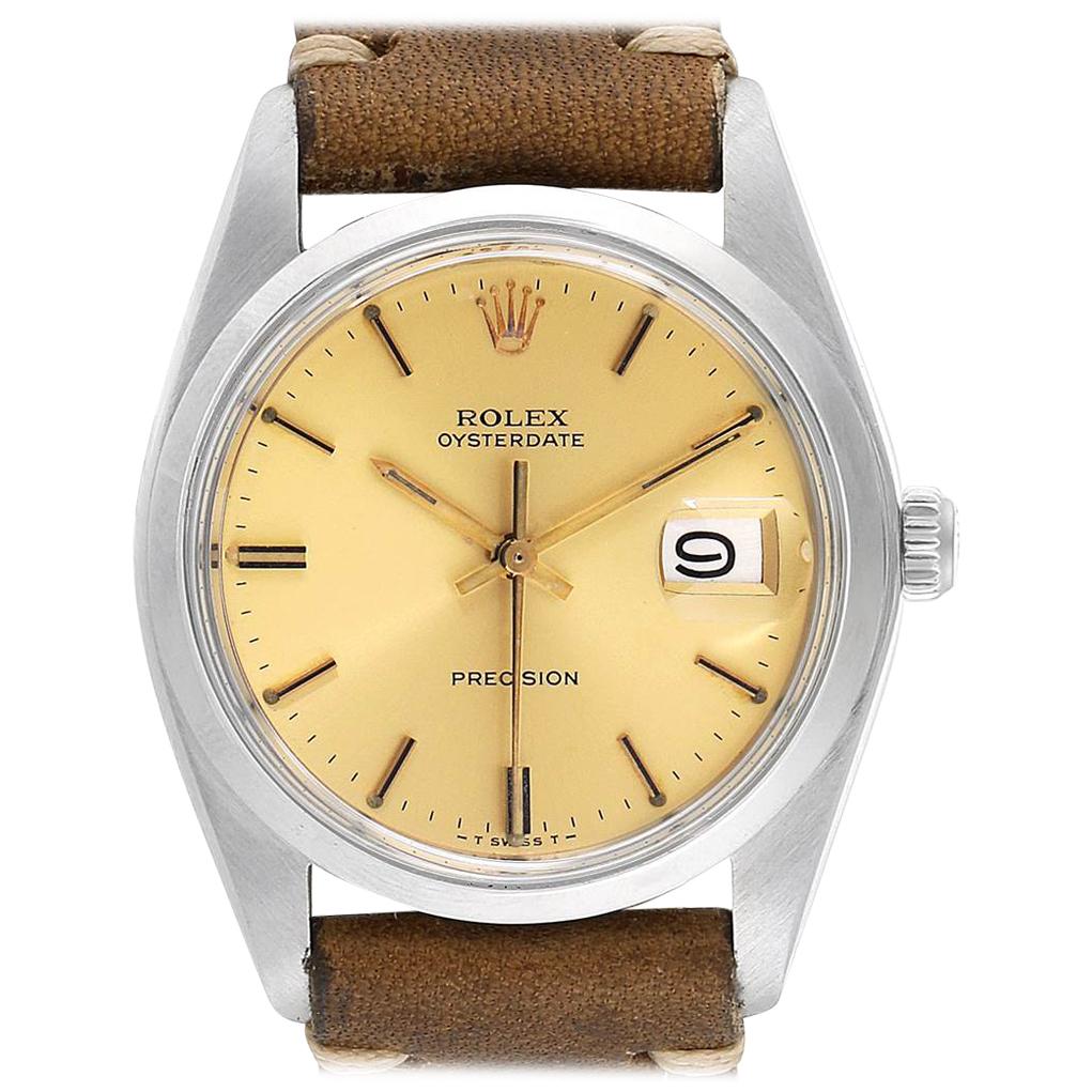 Rolex OysterDate Precision Brown Strap Steel Vintage Men's Watch 6694