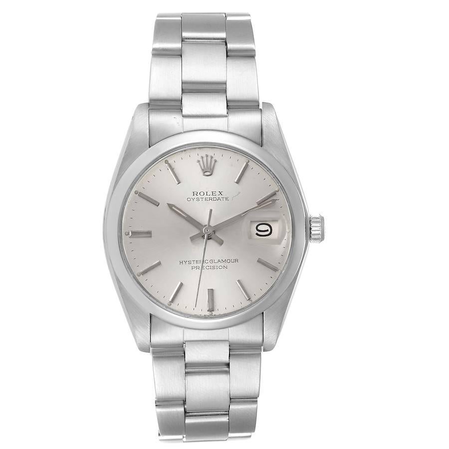 Rolex OysterDate Precision Hysteric Glamour Dial Steel Vintage Mens Watch 6694. Manual-winding movement. Stainless steel oyster case 35.0 mm in diameter. Rolex logo on the crown. Stainless steel smooth bezel. Acrylic crystal with cyclops magnifier.