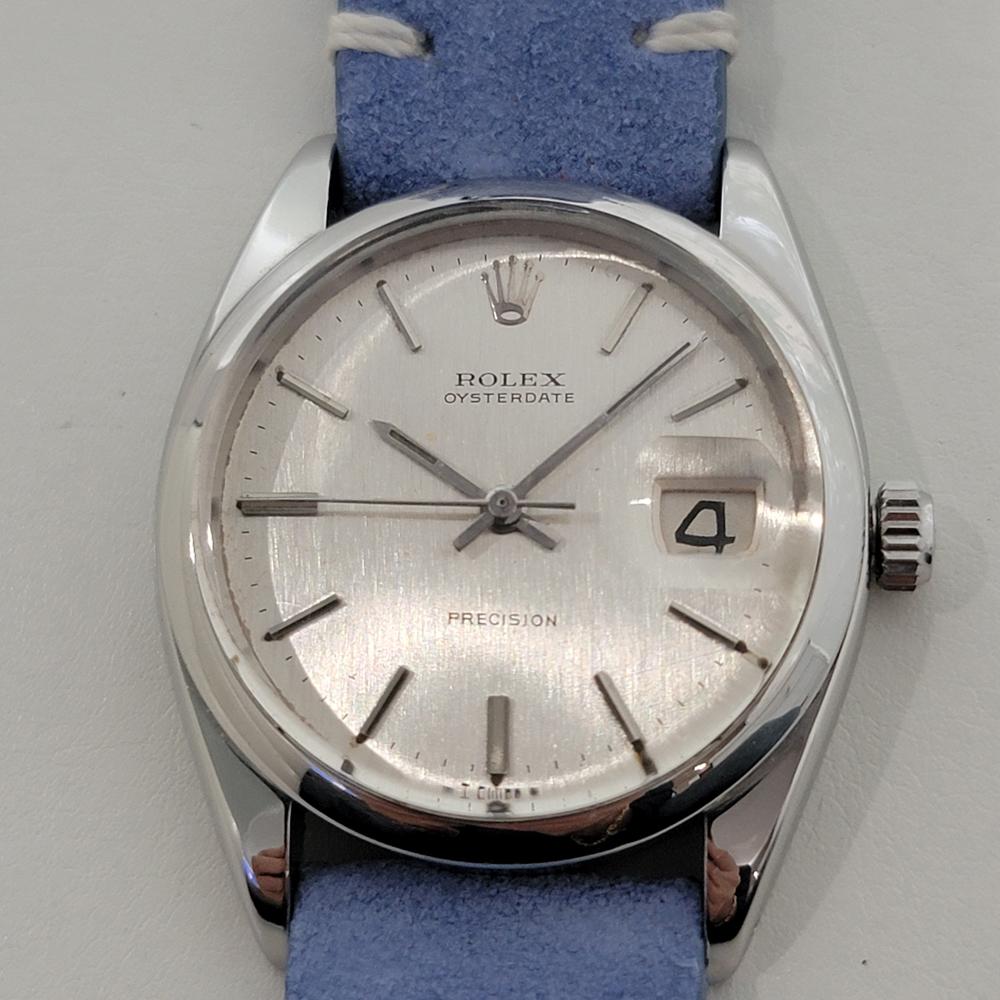 Vintage By, Rolex Oysterdate Precision 6694 Herrenuhr mit Handaufzug, ca. 1966, in ausgezeichnetem Zustand. Von einem Uhrmachermeister für echt befunden. Wunderschönes, signiertes silbernes Rolex-Zifferblatt, aufgesetzte Stabindexindexe, silberne