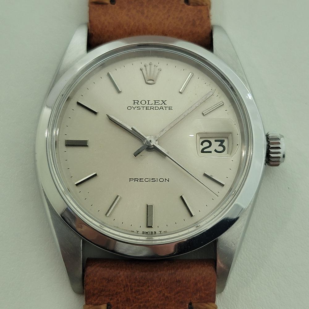 Timeless classic, Men's Rolex Oysterdate Precision 6694 hand-wind dress watch, c.1968, in excellent working condition. Verified authentic by a master watchmaker. Gorgeous Rolex signed silver dial, applied baton index hour markers, silver minute and