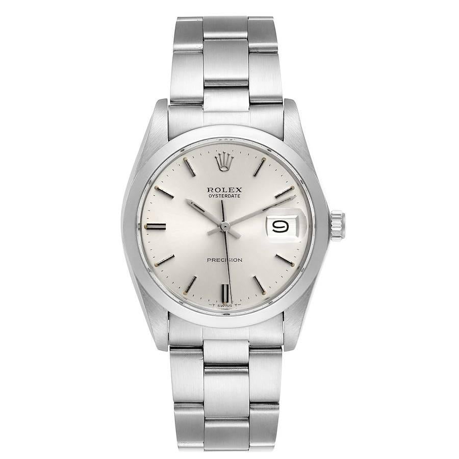Rolex OysterDate Precision Silver Dial Steel Vintage Mens Watch 6694. Manual-winding movement. Stainless steel oyster case 35.0 mm in diameter. Rolex logo on a crown. Stainless steel smooth domed bezel. Acrylic crystal with cyclops magnifier. Silver