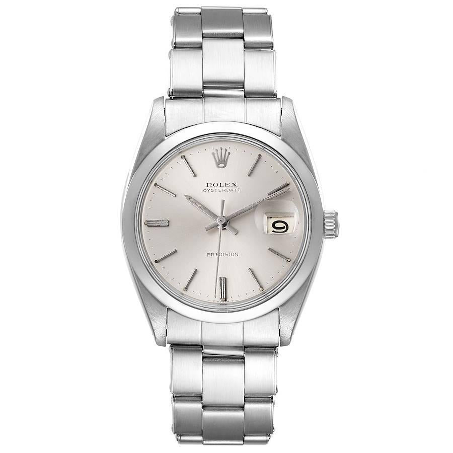 Rolex OysterDate Precision Silver Dial Steel Vintage Mens Watch 6694. Manual-winding movement. Stainless steel oyster case 35.0 mm in diameter. Rolex logo on a crown. Stainless steel smooth domed bezel. Acrylic crystal with cyclops magnifier. Silver