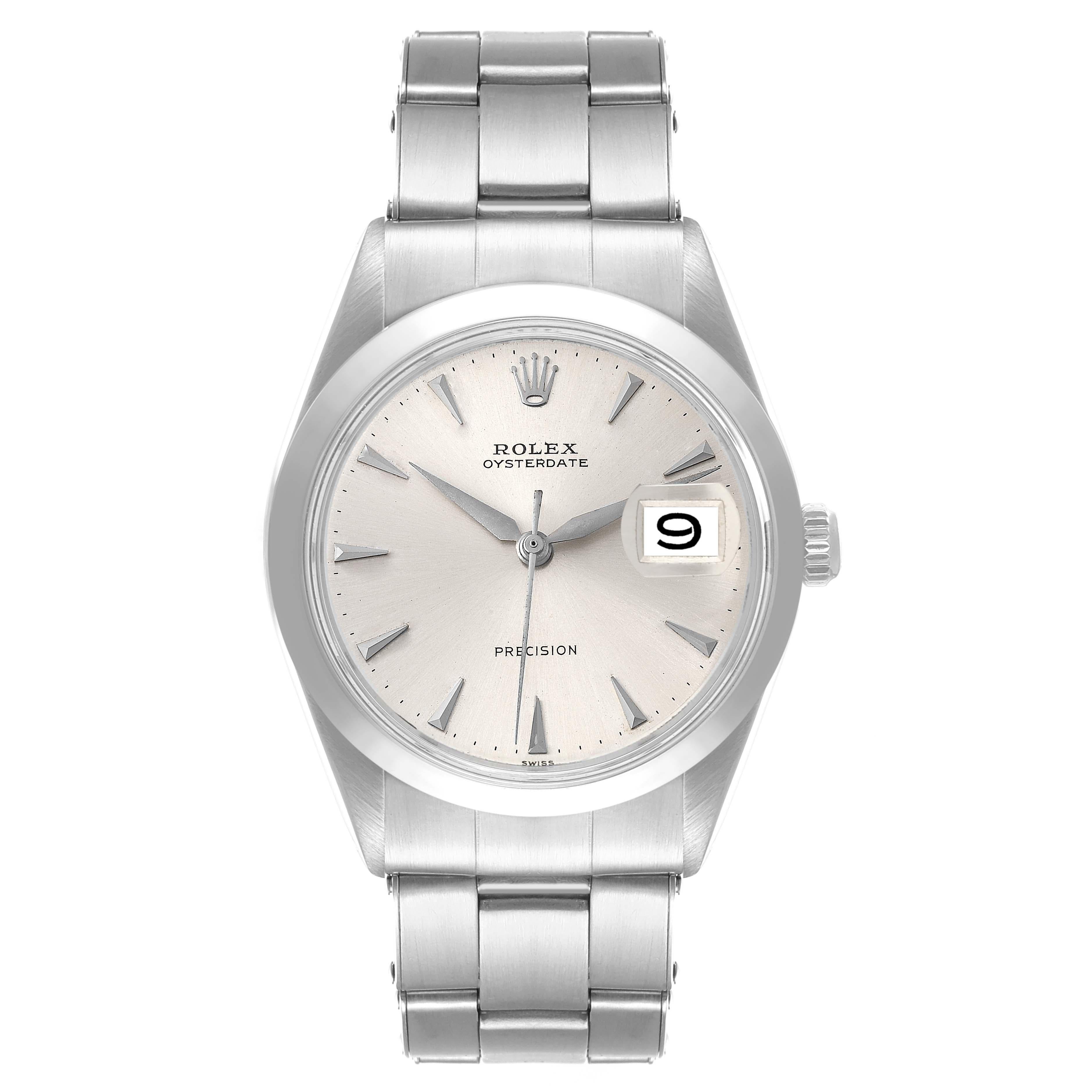Rolex OysterDate Precision Silver Dial Steel Vintage Mens Watch 6694. Manual-winding movement. Stainless steel oyster case 35.0 mm in diameter. Rolex logo on the crown. Stainless steel smooth domed bezel. Acrylic crystal with cyclops magnifier.