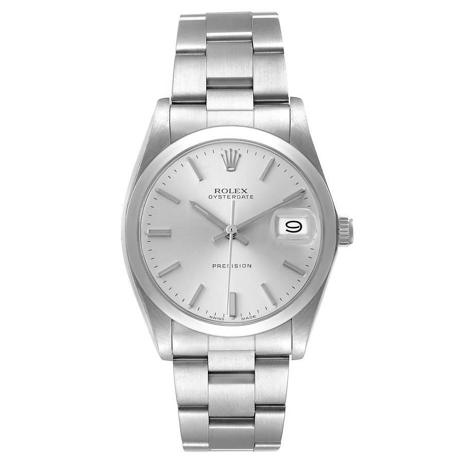 Rolex OysterDate Precision Silver Dial Steel Vintage Mens Watch 6694. Manual-winding movement. Stainless steel oyster case 35.0 mm in diameter. Rolex logo on the crown. Stainless steel smooth bezel. Acrylic crystal with cyclops magnifier. Silver