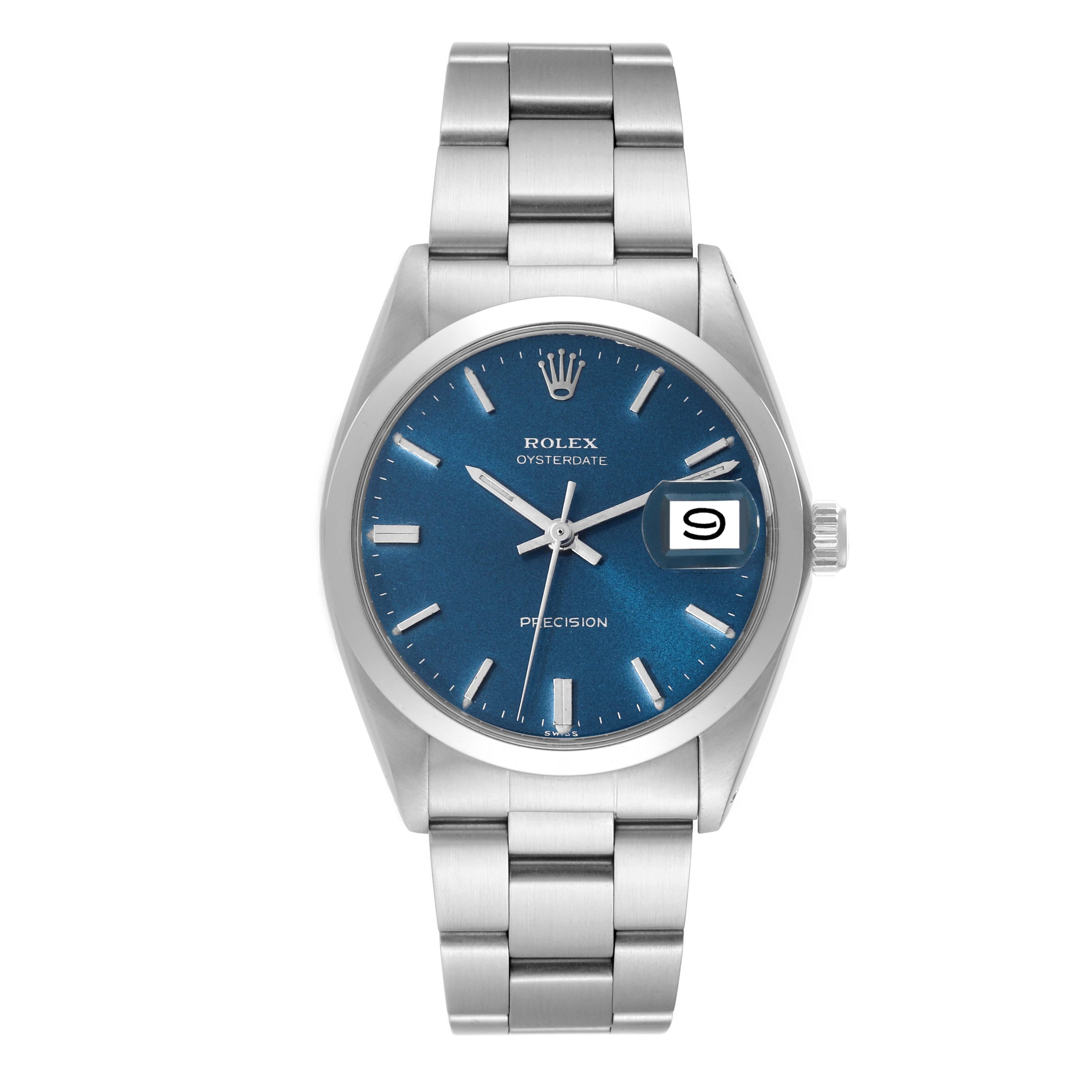 Rolex OysterDate Precision Silver Dial Steel Vintage Mens Watch 6694. Manual-winding movement. Stainless steel oyster case 35.0 mm in diameter. Rolex logo on the crown. Stainless steel smooth bezel. Acrylic crystal with cyclops magnifier. Blue dial