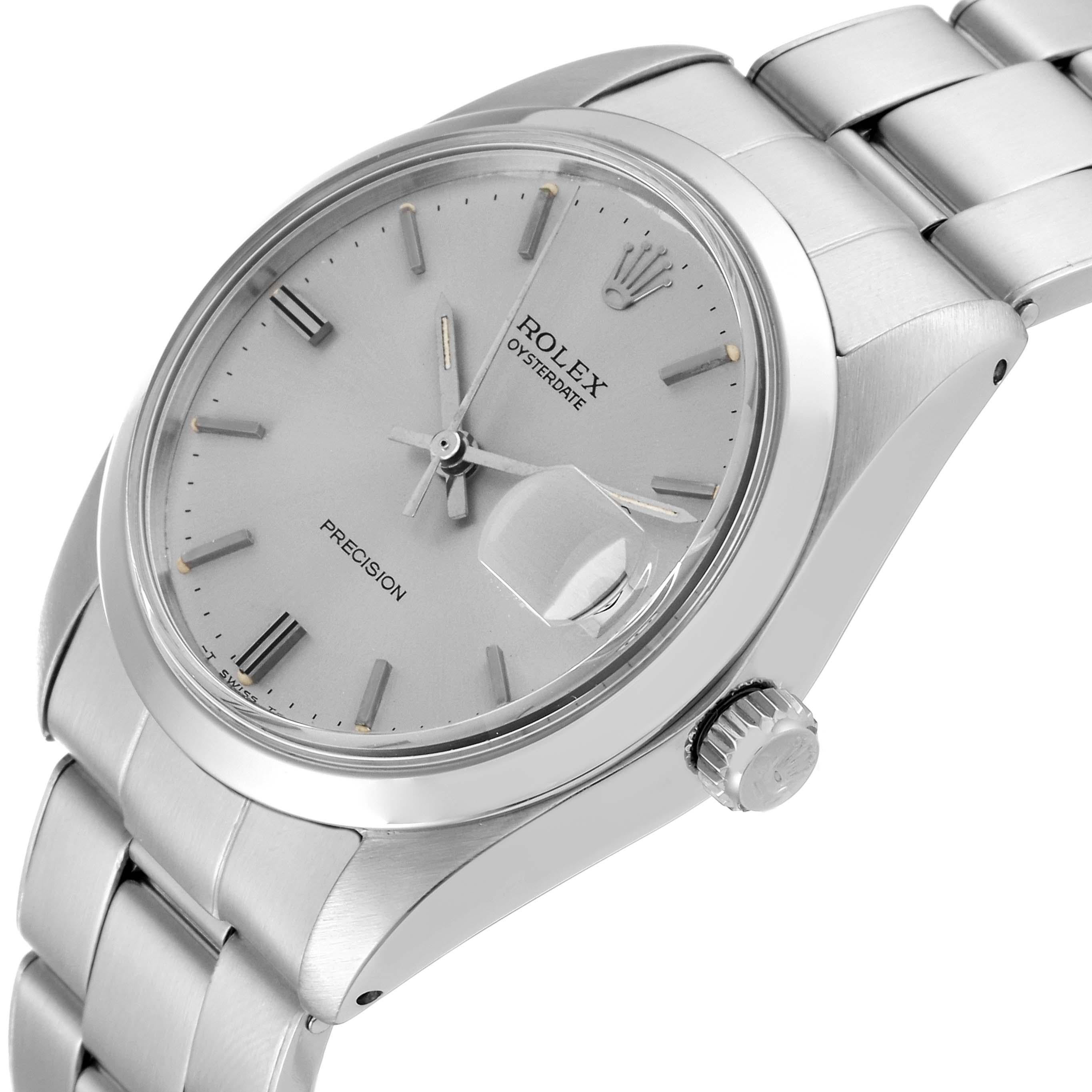 Rolex OysterDate Precision Silver Dial Vintage Steel Mens Watch 6694. Manual-winding movement. Stainless steel oyster case 35.0 mm in diameter. Rolex logo on the crown. Stainless steel smooth bezel. Acrylic crystal with cyclops magnifier. Silver