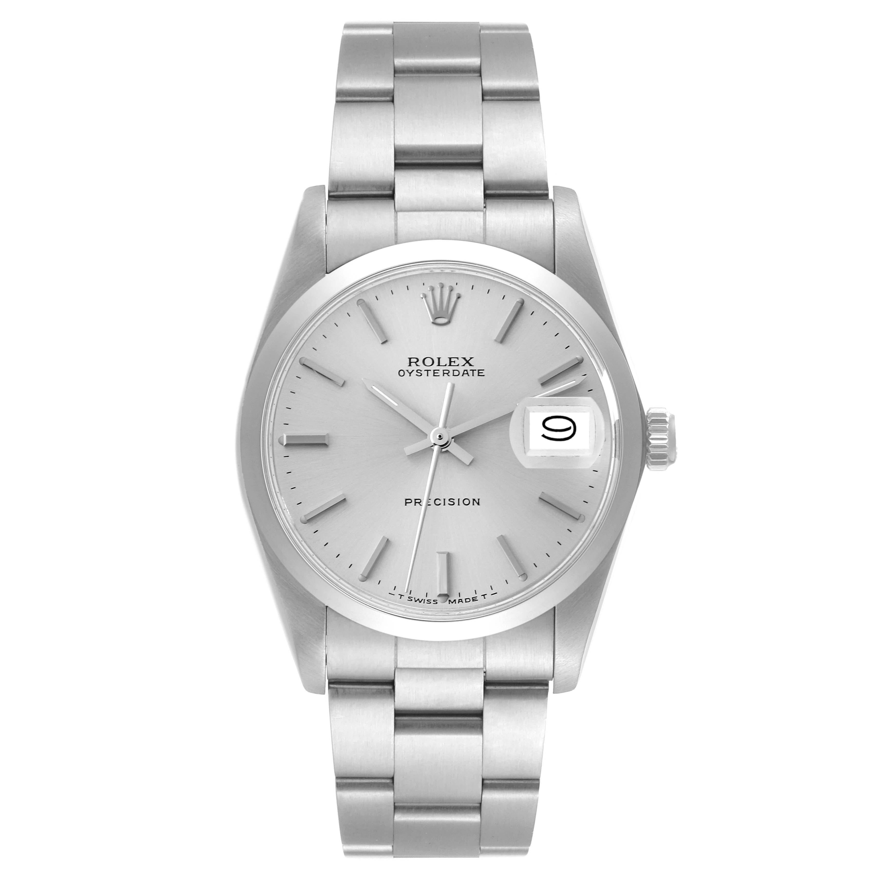Rolex OysterDate Precision Silver Dial Vintage Steel Mens Watch 6694. Manual-winding movement. Stainless steel oyster case 35.0 mm in diameter. Rolex logo on the crown. Stainless steel smooth bezel. Acrylic crystal with cyclops magnifier. Silver