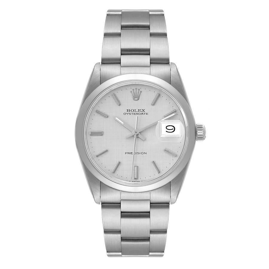 Rolex OysterDate Precision Silver Linen Dial Steel Vintage Mens Watch 6694. Manual-winding movement. Stainless steel oyster case 35.0 mm in diameter. Rolex logo on the crown. Stainless steel smooth bezel. Acrylic crystal with cyclops magnifier.