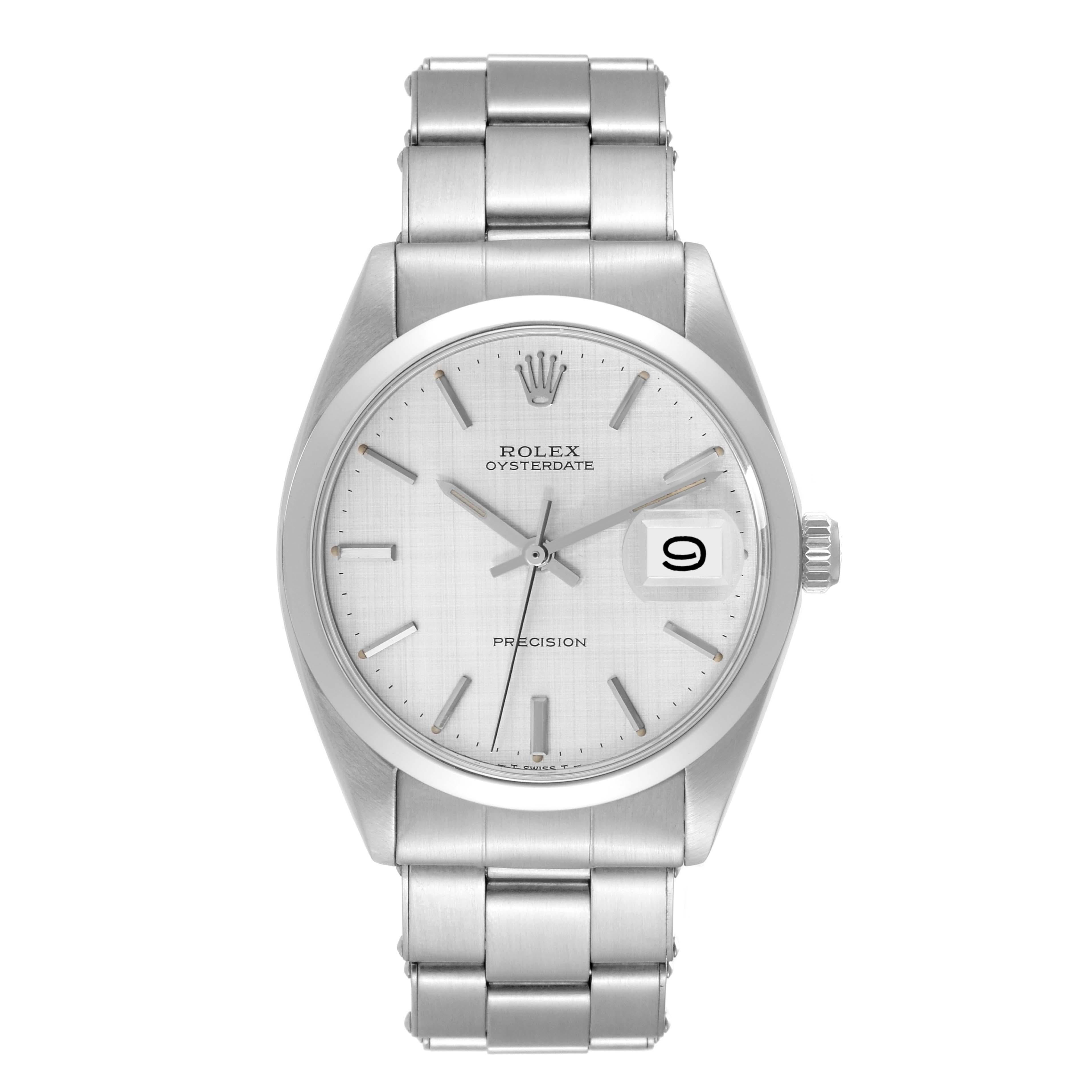 Rolex OysterDate Precision Silver Linen Dial Steel Vintage Mens Watch 6694. Manual-winding movement. Stainless steel oyster case 35.0 mm in diameter. Rolex logo on the crown. Stainless steel smooth bezel. Acrylic crystal with cyclops magnifier.