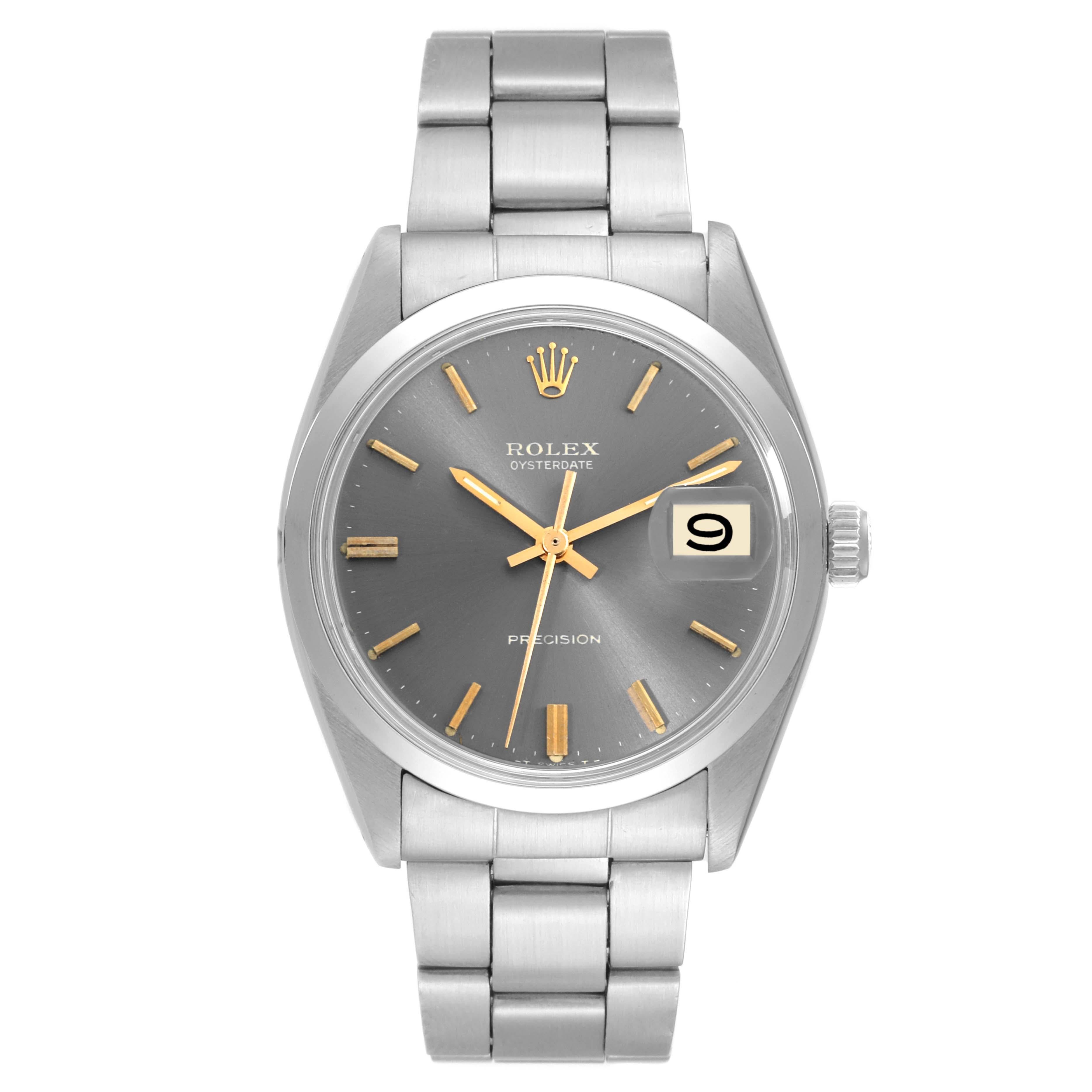 Rolex OysterDate Precision Slate Dial Steel Vintage Mens Watch 6694. Manual-winding movement. Stainless steel oyster case 35.0 mm in diameter. Rolex logo on a crown. Stainless steel smooth domed bezel. Acrylic crystal with cyclops magnifier. Slate