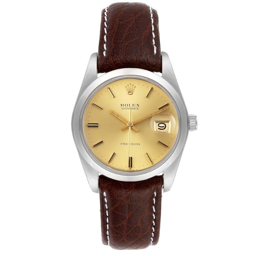 Rolex OysterDate Precision Steel Vintage Mens Watch 6694. Manual-winding movement. Stainless steel oyster case 35.0 mm in diameter. Rolex logo on a crown. Stainless steel smooth domed bezel. Custom brown leather strap with tang buckle. Champagne