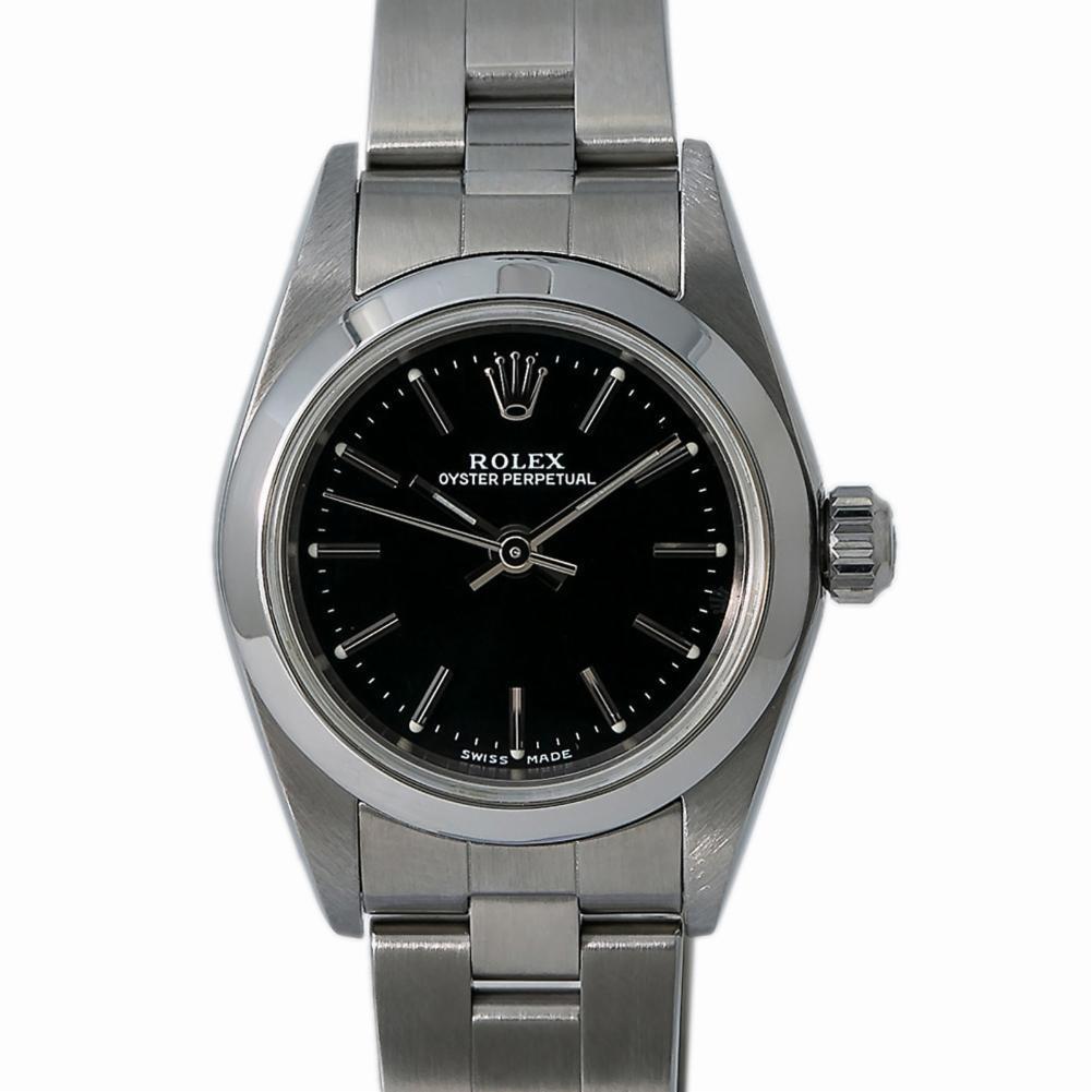 Women's Rolex Oyster Perpetual 76080 Lady Automatic Watch Black Dial Stainless Steel